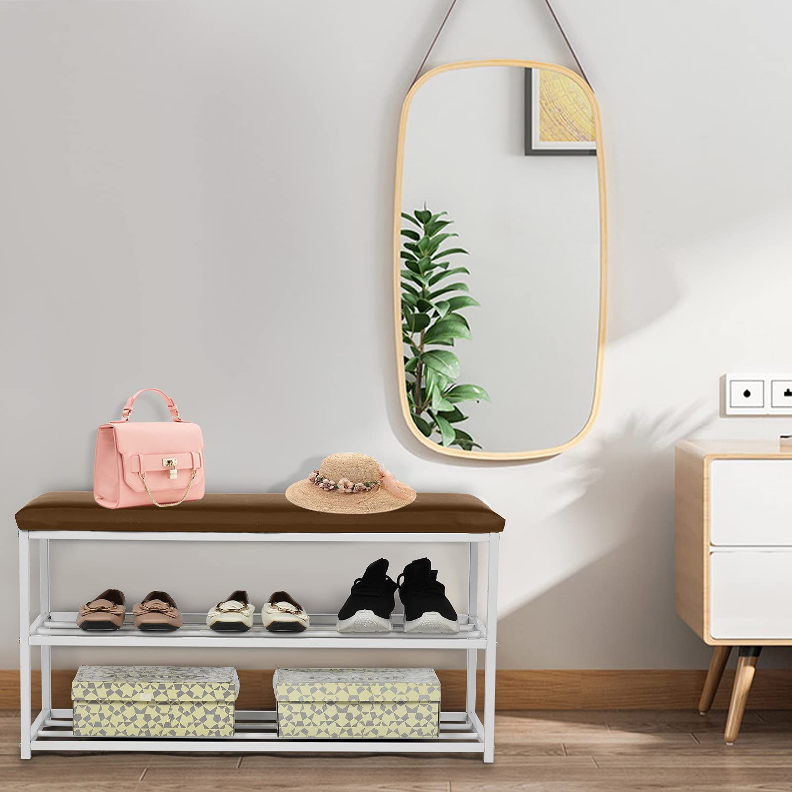 Industrial Shoe Bench with Seat - 2-Tier Iron Shoe Rack & Entryway Storage Organizer | Space-Saving Shoe Shelf for Hallway, Mudroom, or Bedroom Closet Organization