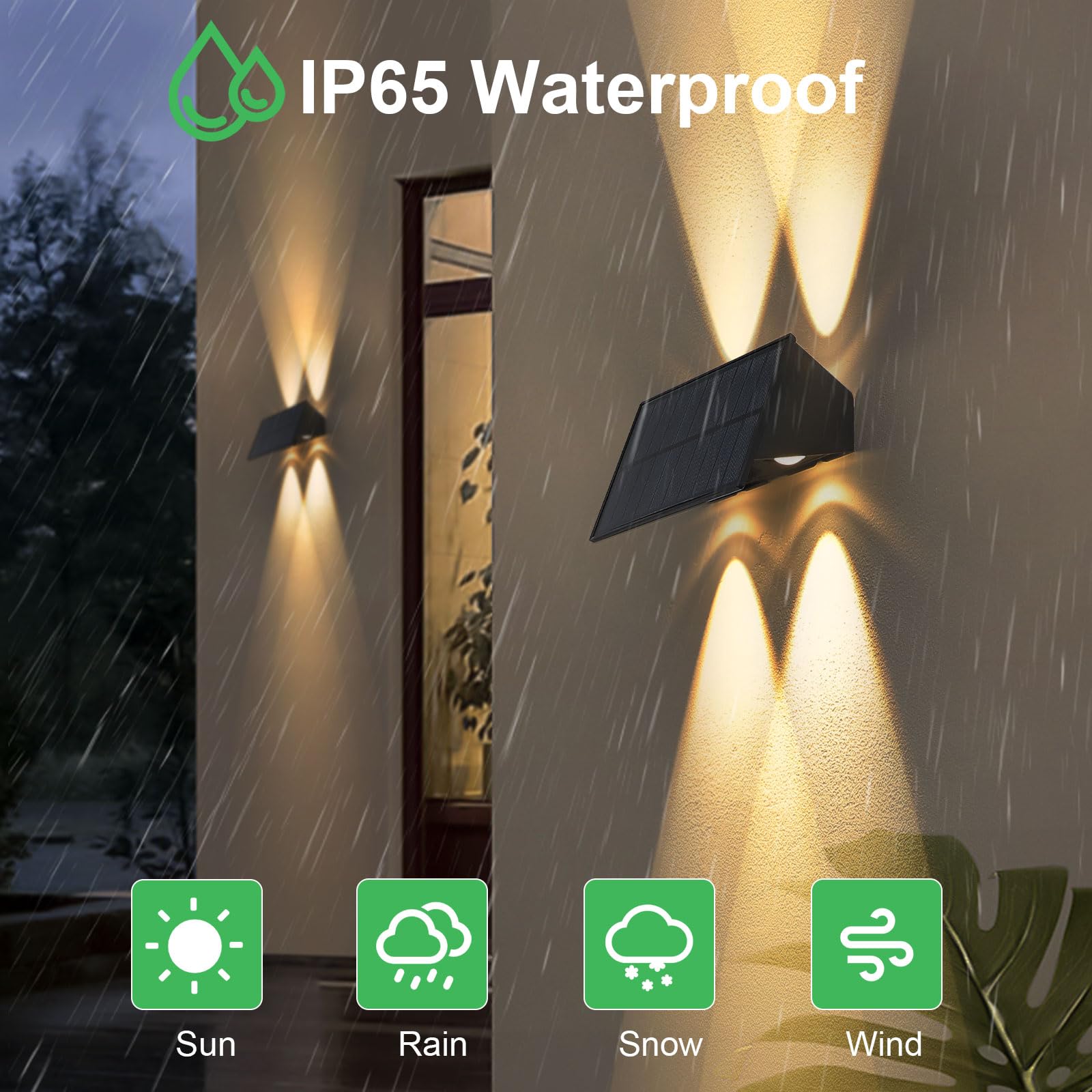 Solar Powered Outdoor Wall Lights Up and Down 4 Pack - 4 LED Waterproof Exterior Wall Sconces with IP65 Rating - Warm White Lighting for Yard, Garden, Garage, Pool & Deck - Perfect for Pathway, Patio, Porch and Landscape Illumination