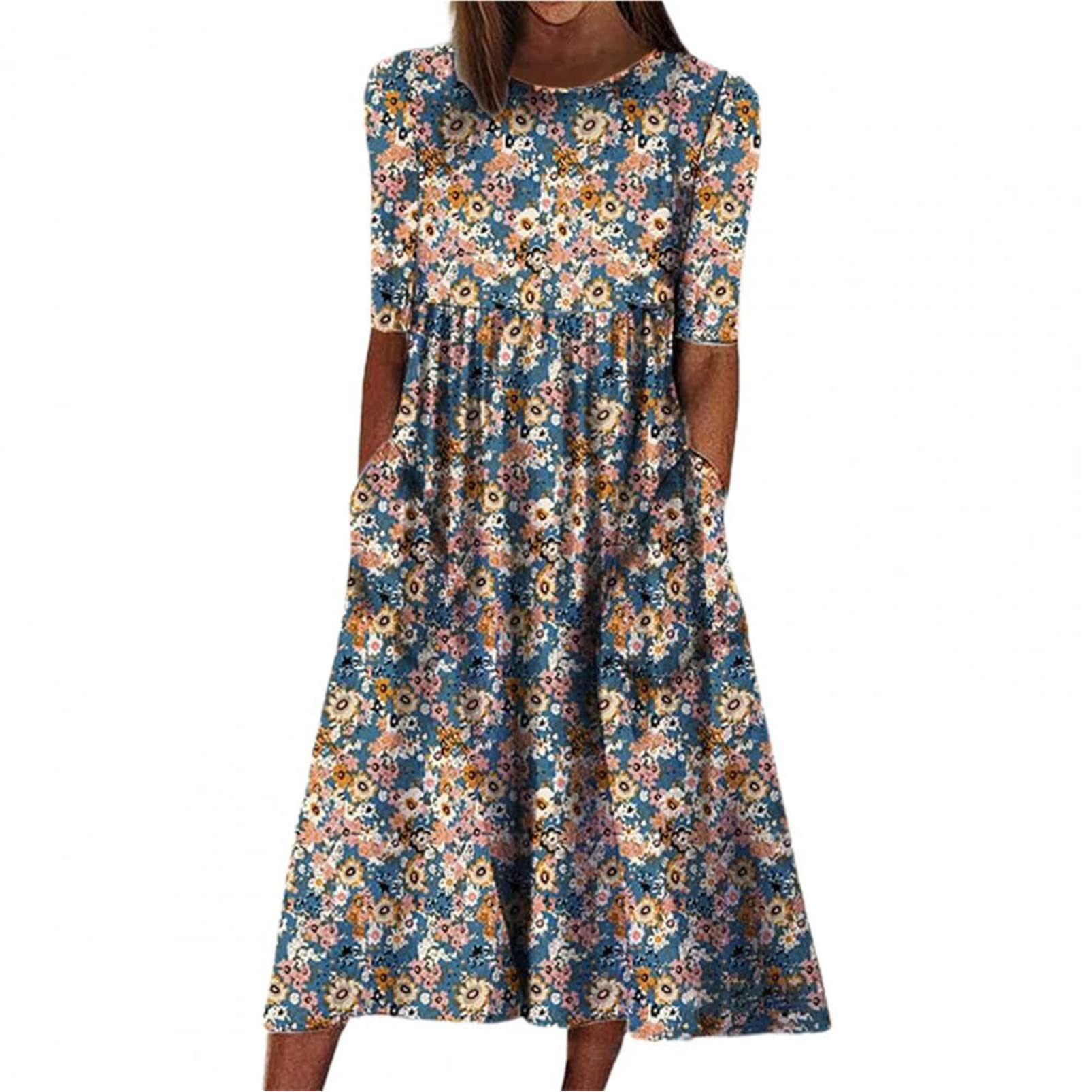 NUOWEN Women's Floral Print Summer Dresses - Elegant Mature Ladies Fashion Dress with V-Neck & Short Sleeves - Perfect for Garden Parties, Beach Vacations and Casual Outings