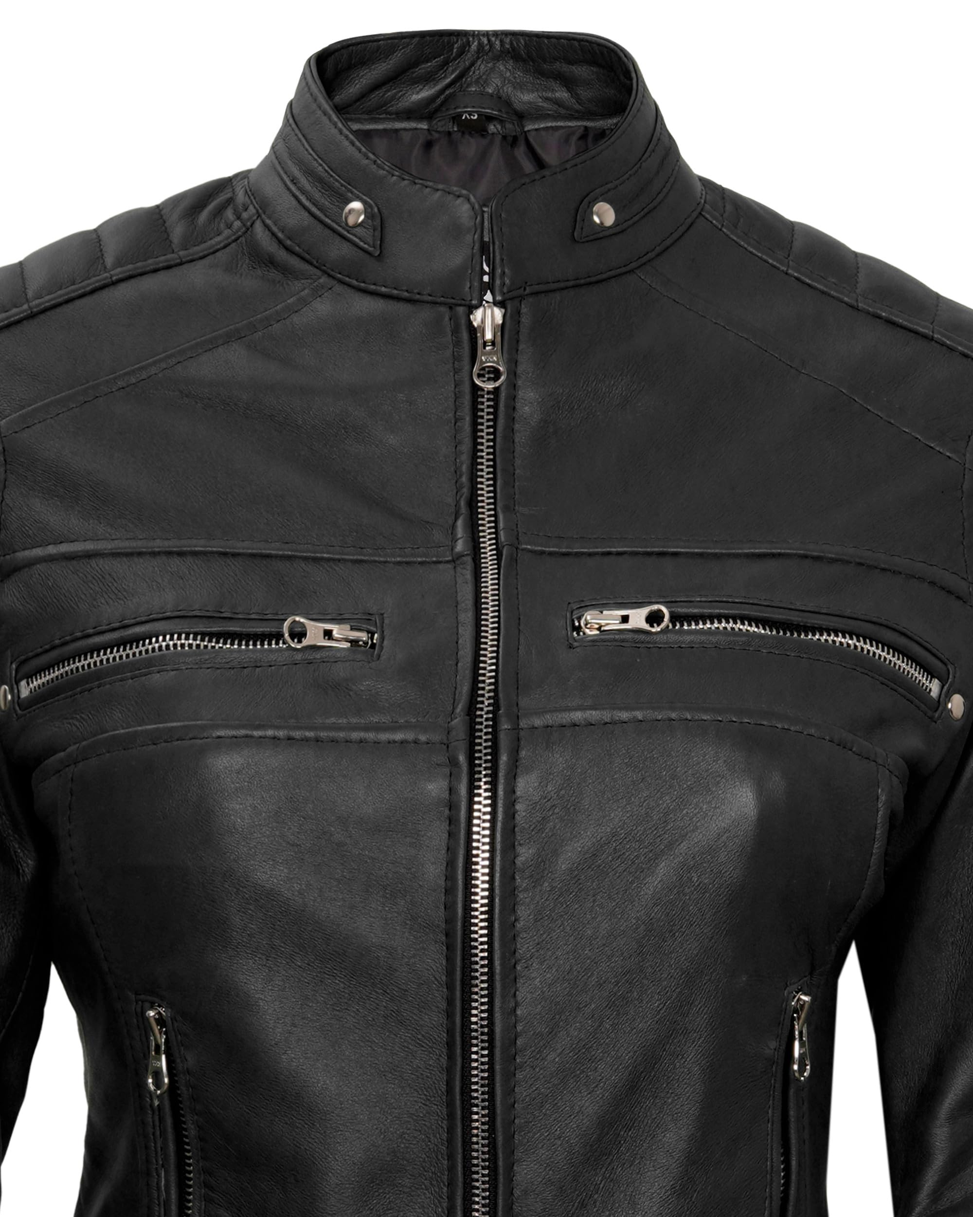 Genuine Leather Motorcycle Jacket for Women - Cafe Racer Style with Stand Collar, Natural Grain, Premium Biker Jacket for Riding & Casual Wear