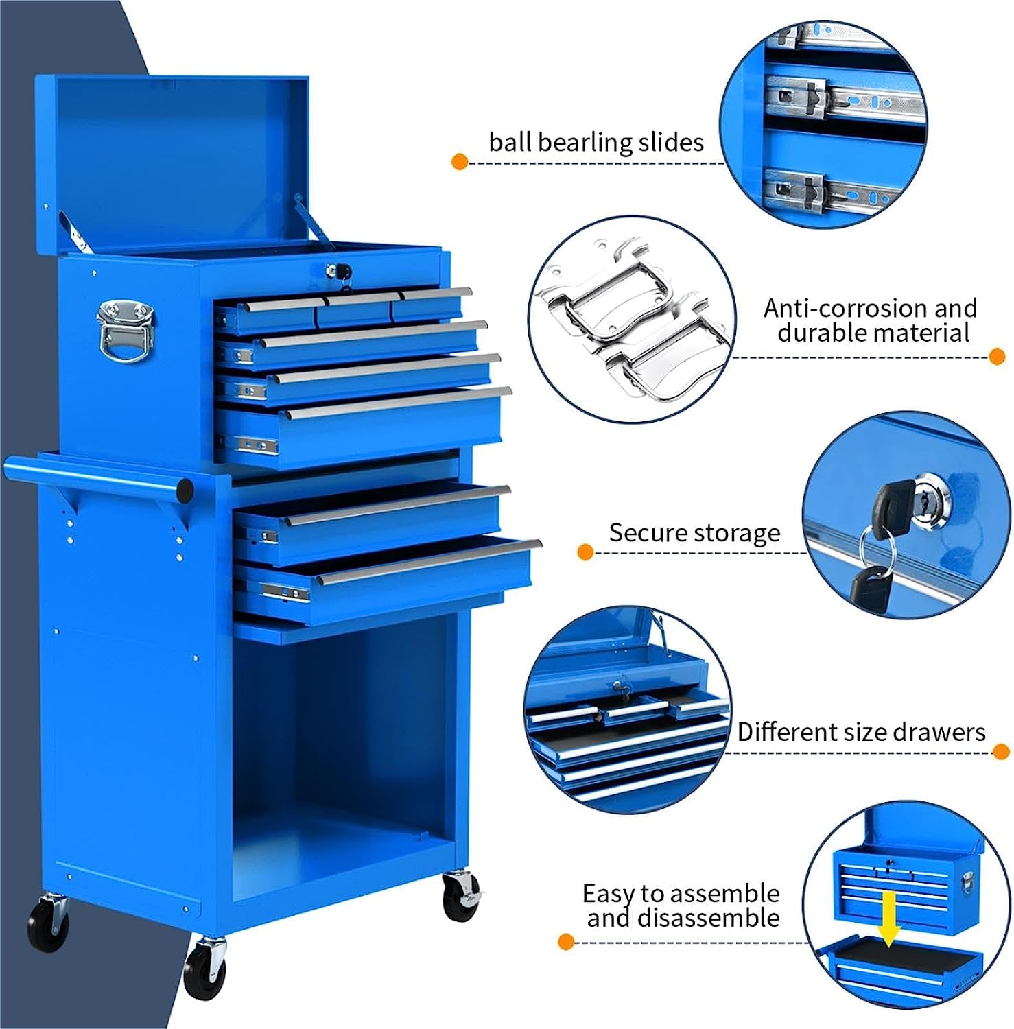 8-Drawer Heavy Duty Rolling Tool Chest with Removable Cabinet & Lock - High Capacity Mobile Tool Storage for Mechanics, Garage Workshop & Tool Room - Perfect for Automotive Repair, DIY Projects & Professional Tool Organization (Blue)