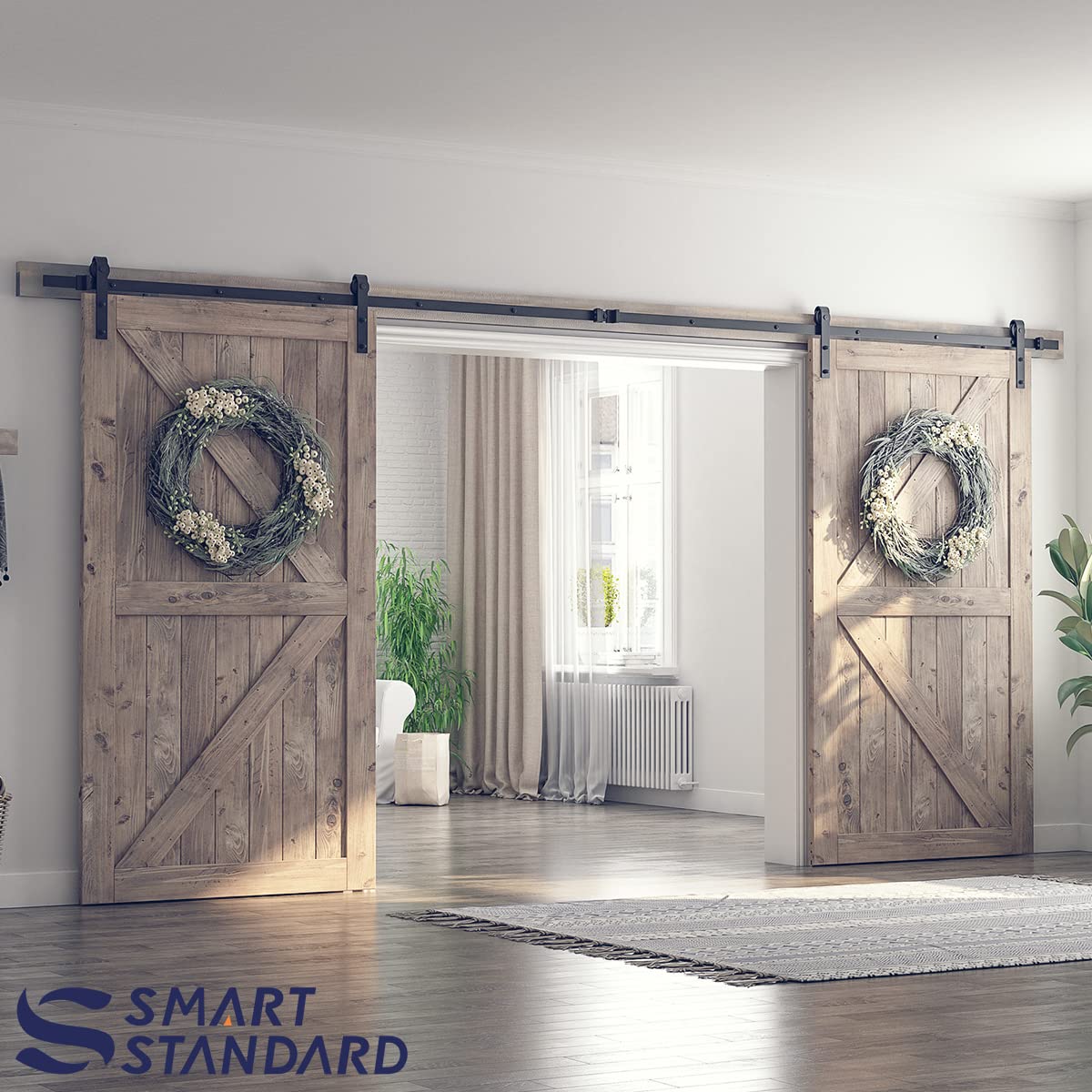 SMARTSTANDARD 15ft Heavy Duty Double Door Sliding Barn Door Hardware Kit - Smooth Quiet Operation - Easy Installation with Step-by-Step Guide - Fits 42