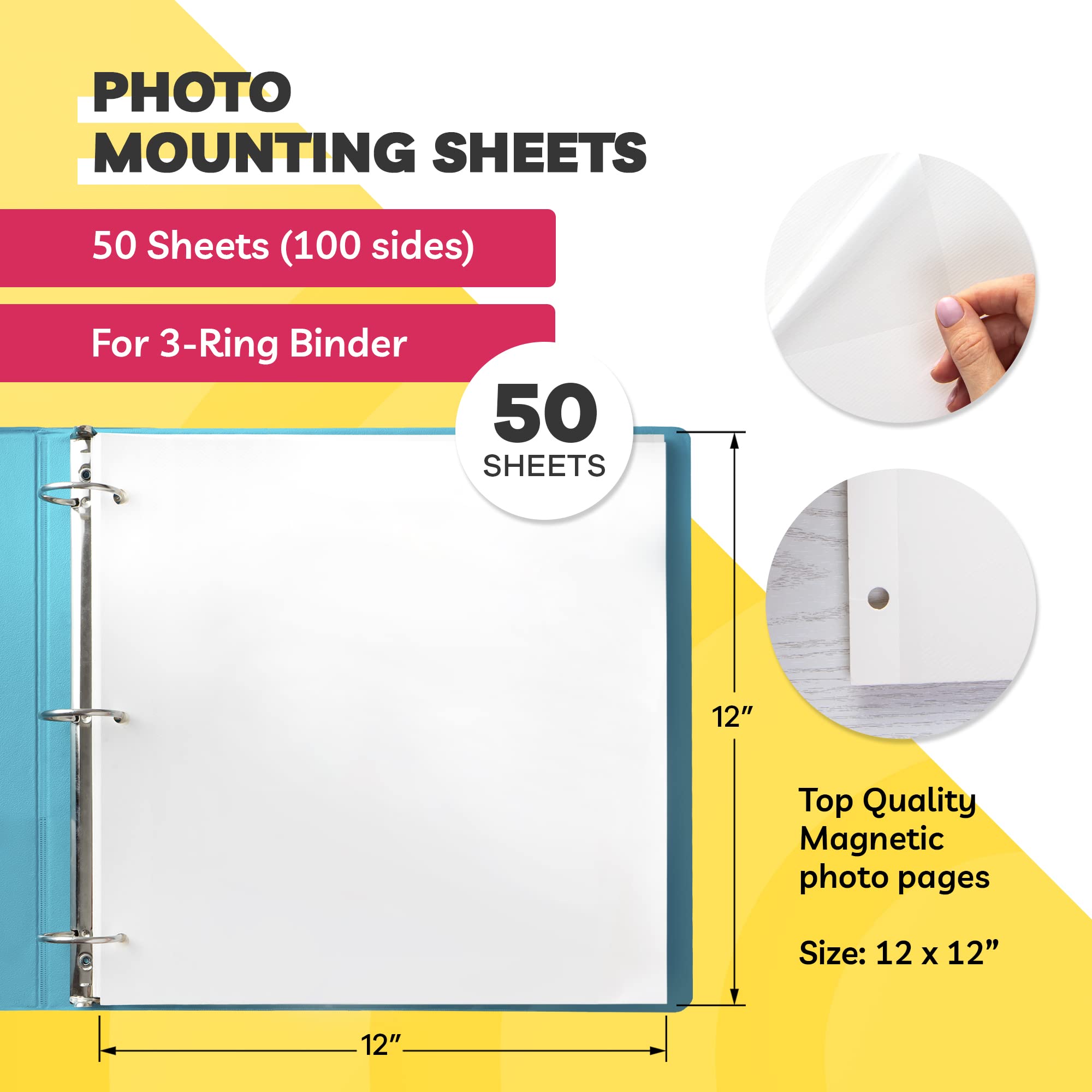 50-Pack 12x12 Self-Adhesive Photo Album Pages for 3 Ring Binder - Acid-Free Archival Quality Photo Sleeves & Refill Pages - Perfect for Scrapbooking, Family Memories, and Photo Organization