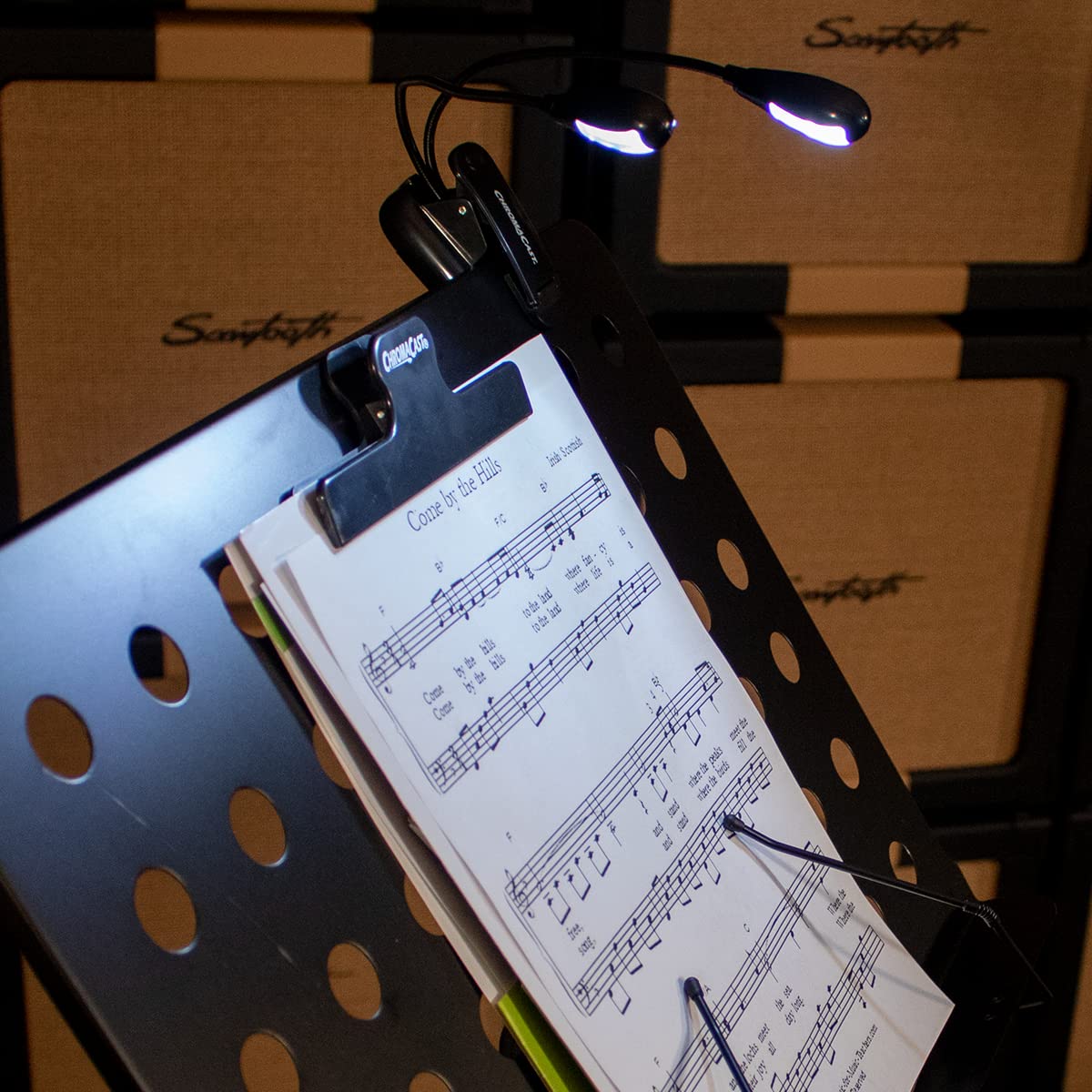 ChromaCast LED Music Stand Clip-On Dual Head Book Light - Adjustable Brightness 2-Level Reading Lamp for Bed, Piano, Sheet Music - Lightweight & Portable with Batteries & Wall Adapter Included