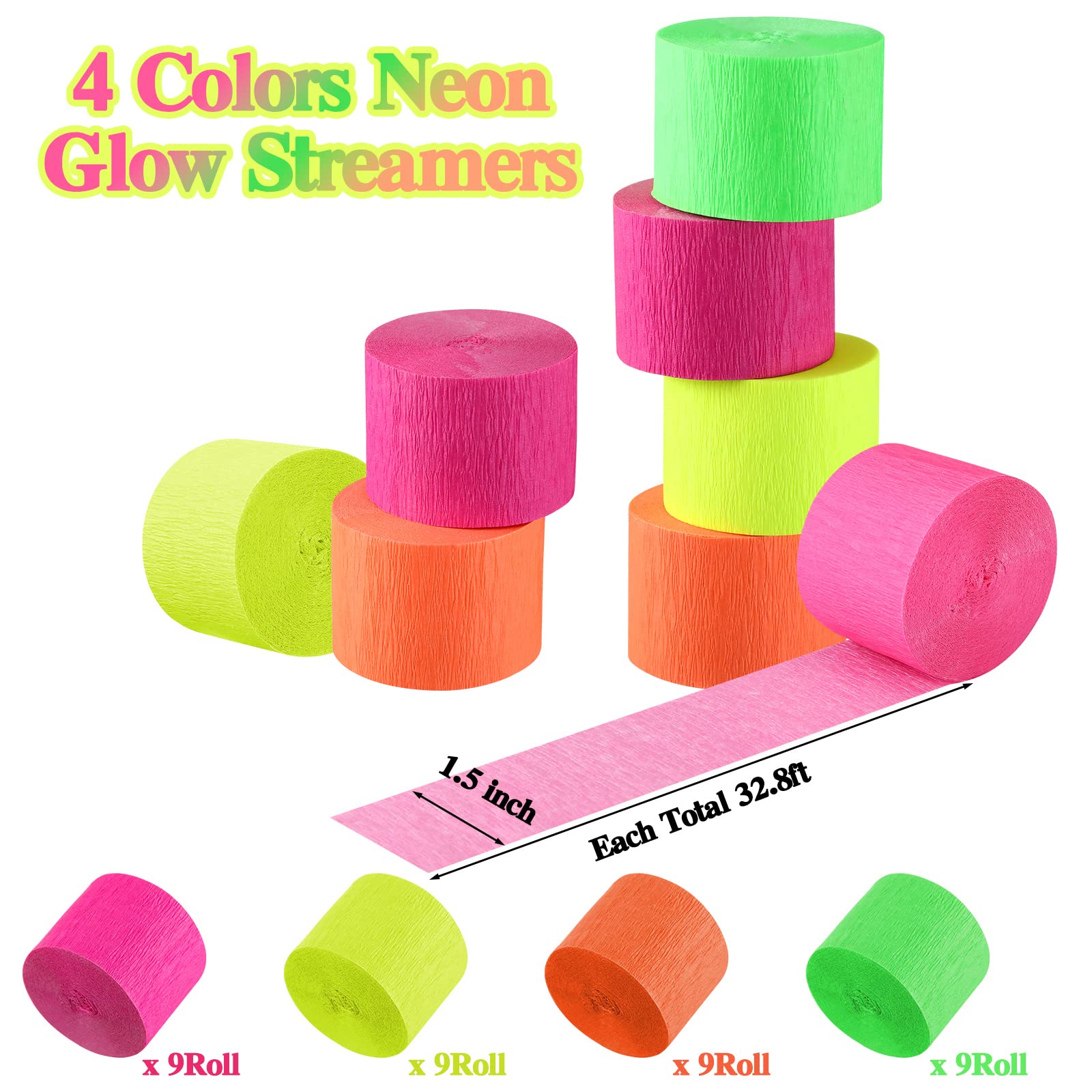 36 Rolls Glow in The Dark Streamers - UV Reactive Fluorescent Crepe Paper for Black Light Parties, Birthday Decorations & Halloween Supplies - Perfect for Neon Themed Events, Raves, and Glow-in-the-Dark Celebrations