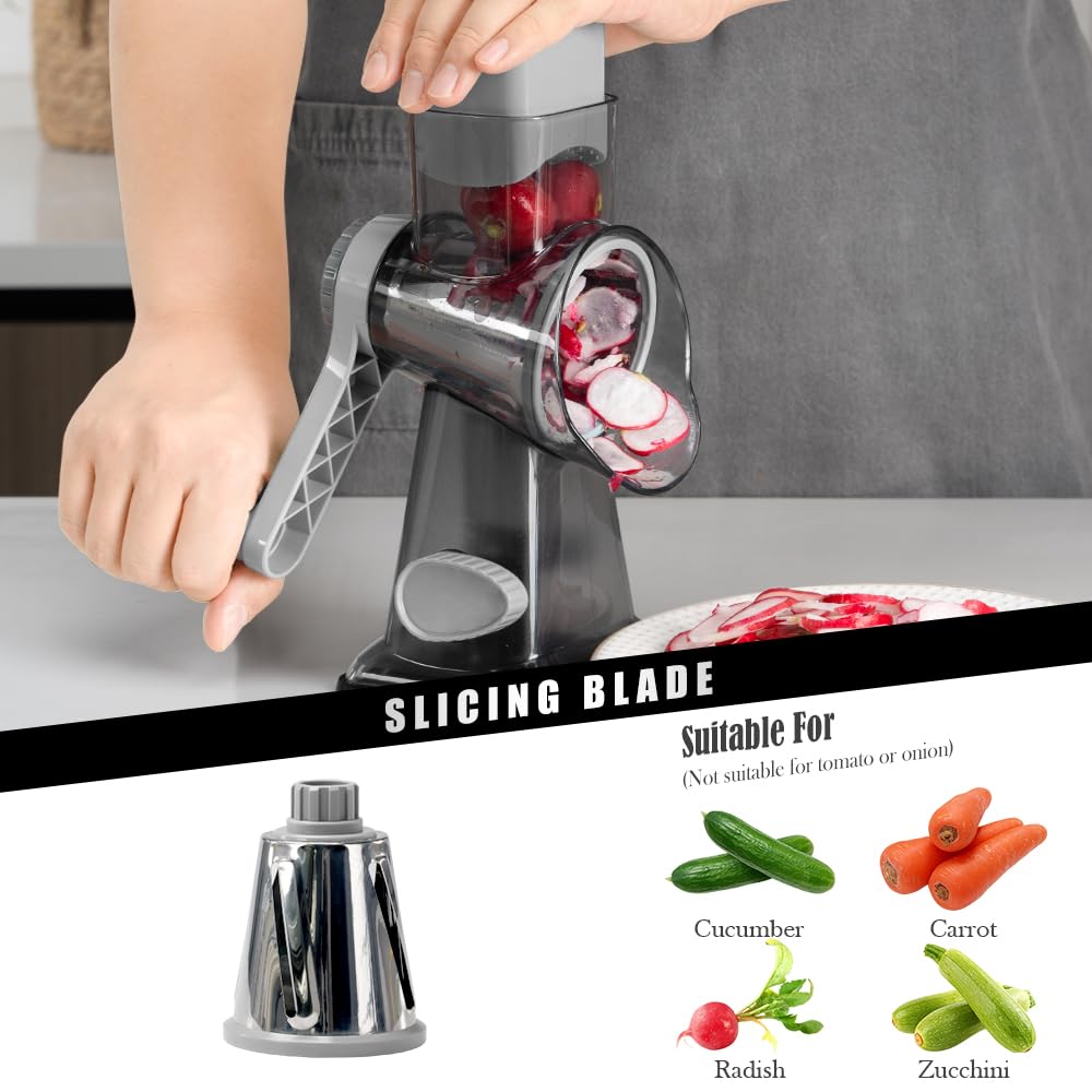 Stainless Steel Rotary Cheese Grater with 3 Blades - Hand Crank Kitchen Tool for Shredding Cheese, Carrots, Cucumbers, Nuts & Chocolate (Dark Grey) - Perfect for Pizza Toppings, Salad Prep & Baking Needs