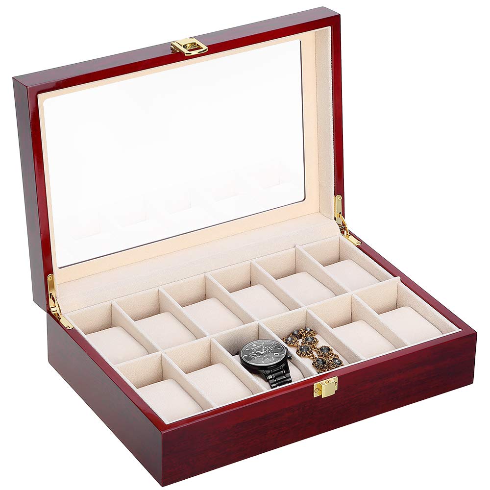 Uten 12-Slot Wooden Watch Box with Removable Pillows & Metal Clasp - Luxury Watch Organizer for Men & Women - Perfect for Watch Collection Storage, Travel, and Gift Giving