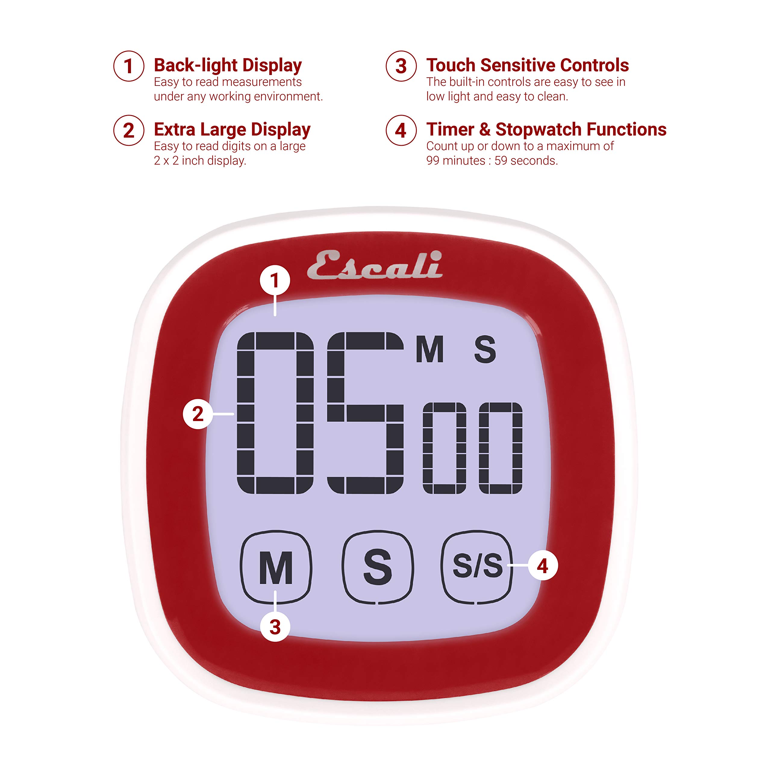 Escali Digital Kitchen Timer with Touch Screen LCD Display - Easy to Read, Battery Saving, Touch Sensitive Controls for Cooking, Baking, Workouts & More (Red)