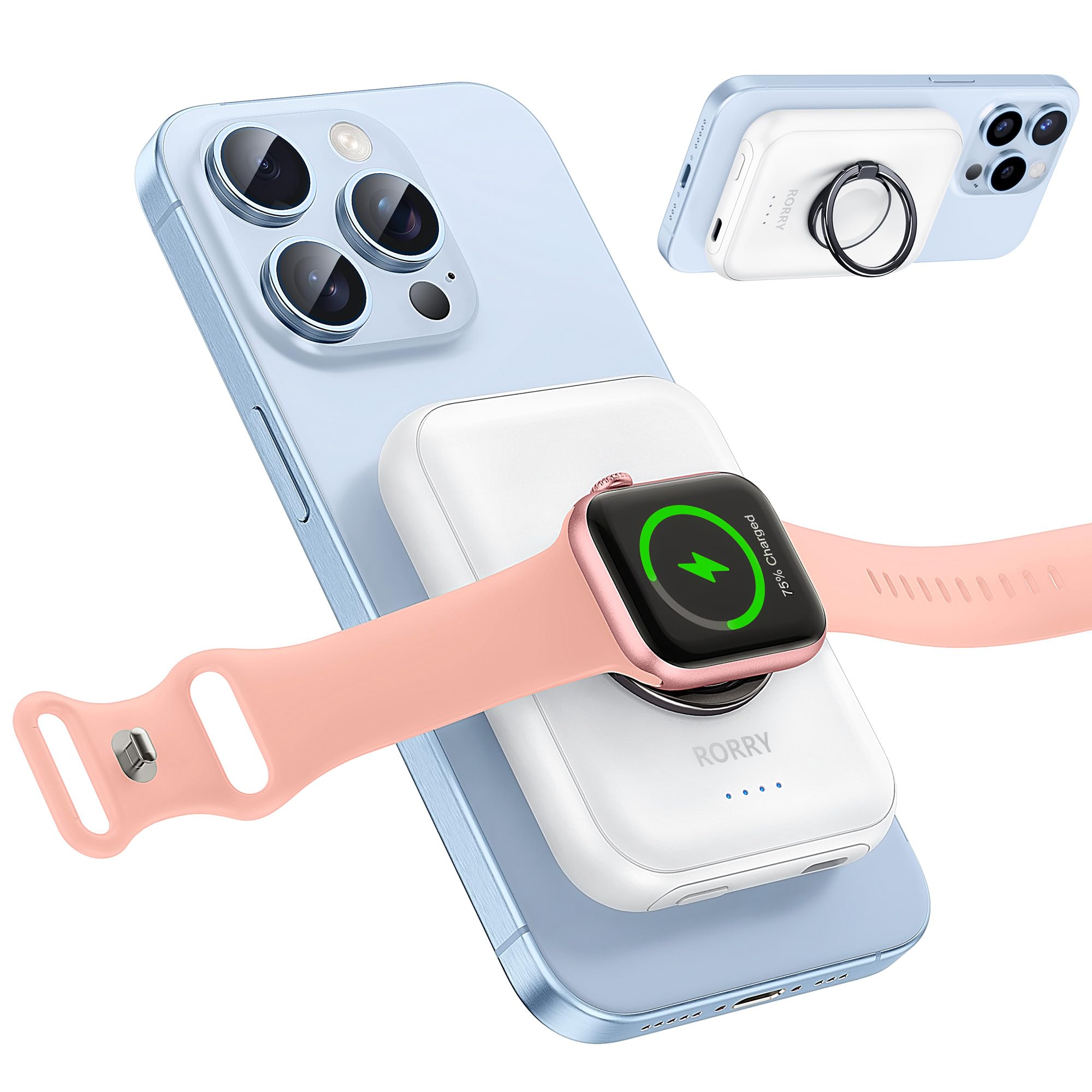 RORRY Magnetic Wireless Portable Charger 5000mAh - Magsafe Power Bank Compatible with iPhone & Apple Watch, Fast Charging Battery Pack with Finger Ring (White) - Perfect for Travel, Work & Outdoor Activities