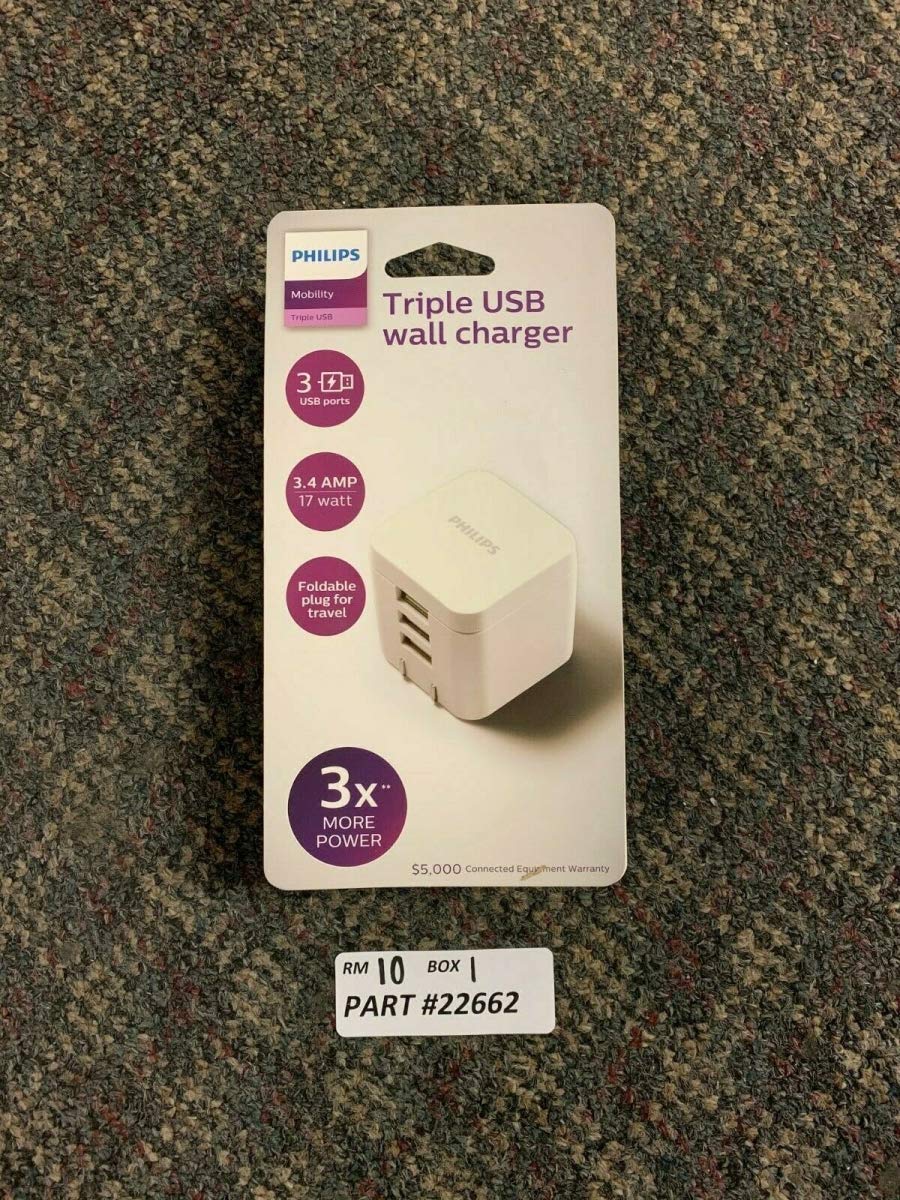 Philips 3.4A 3-Port USB Wall Charger (Model DLP240837) - Fast Charging for iPhone, Android, Tablets - Perfect for Home, Office & Travel