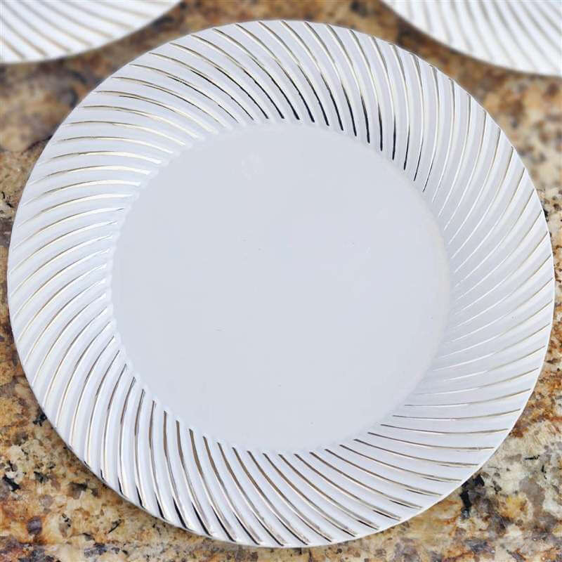 10 Pack Disposable Plastic 9 Inch Round Dinner Plates - White with Elegant Silver Swirl Rim - Perfect for Parties, Weddings, BBQs & Special Events