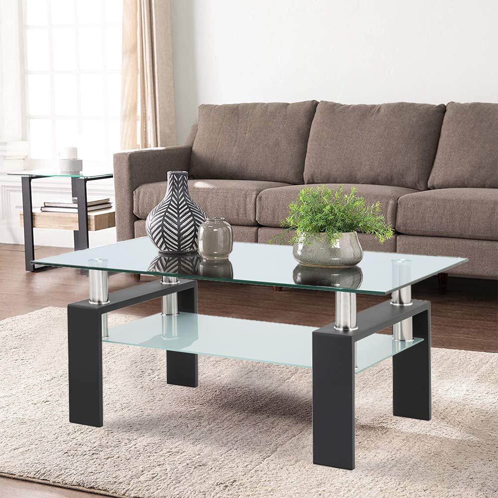 Modern Rectangle Glass Coffee Table with Black Metal Legs & Lower Shelf - Stylish Living Room Furniture for Small Spaces, Apartments & Home Decor