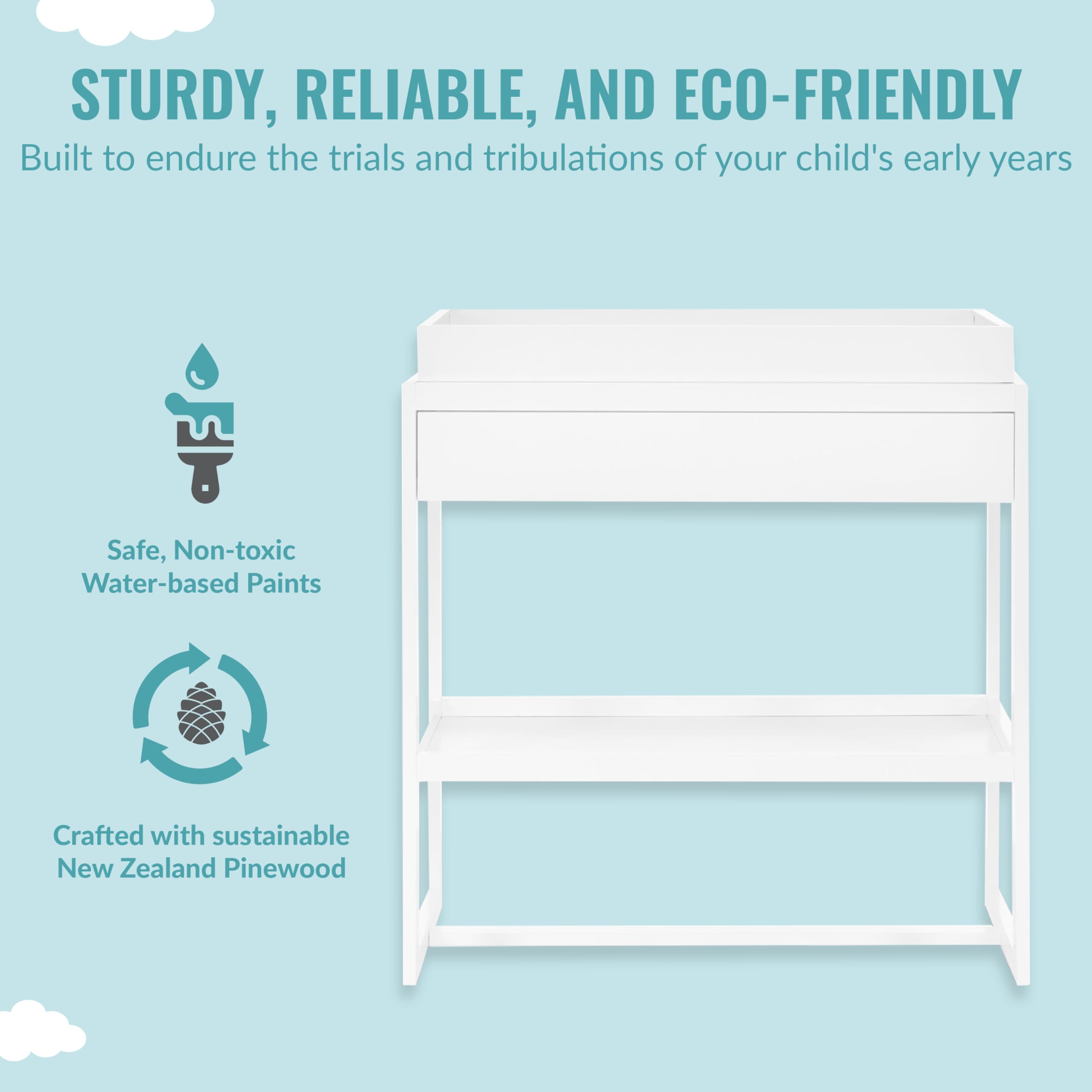 Dream On Me Arlo White Changing Table - Solid New Zealand Pinewood, Non-Toxic Finish with Waterproof Mattress Pad & Safety Strap - Perfect for Nursery, Baby Room & Gift Registry