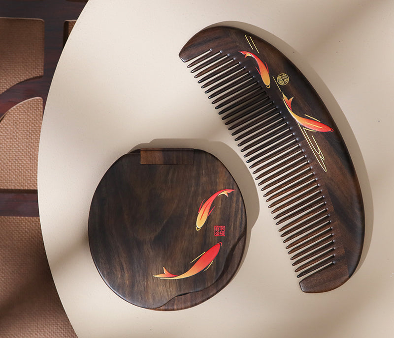 Elegant Mirror & Wooden Comb Set with Koi Fish Design - Perfect for Home Decor, Wedding Gifts & Japanese Style Vanity Accessories