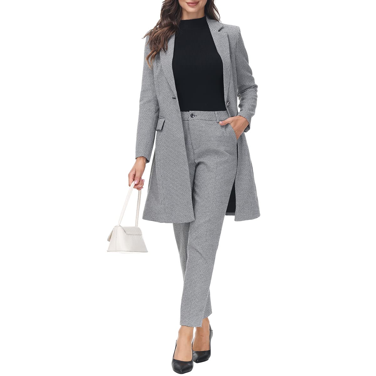 MODFUL Women's 2 Piece Long Blazer with Pants Set - Small Plaid Elegant Suit for Business Casual & Office Wear | Professional Work Outfits, Job Interviews & Formal Occasions