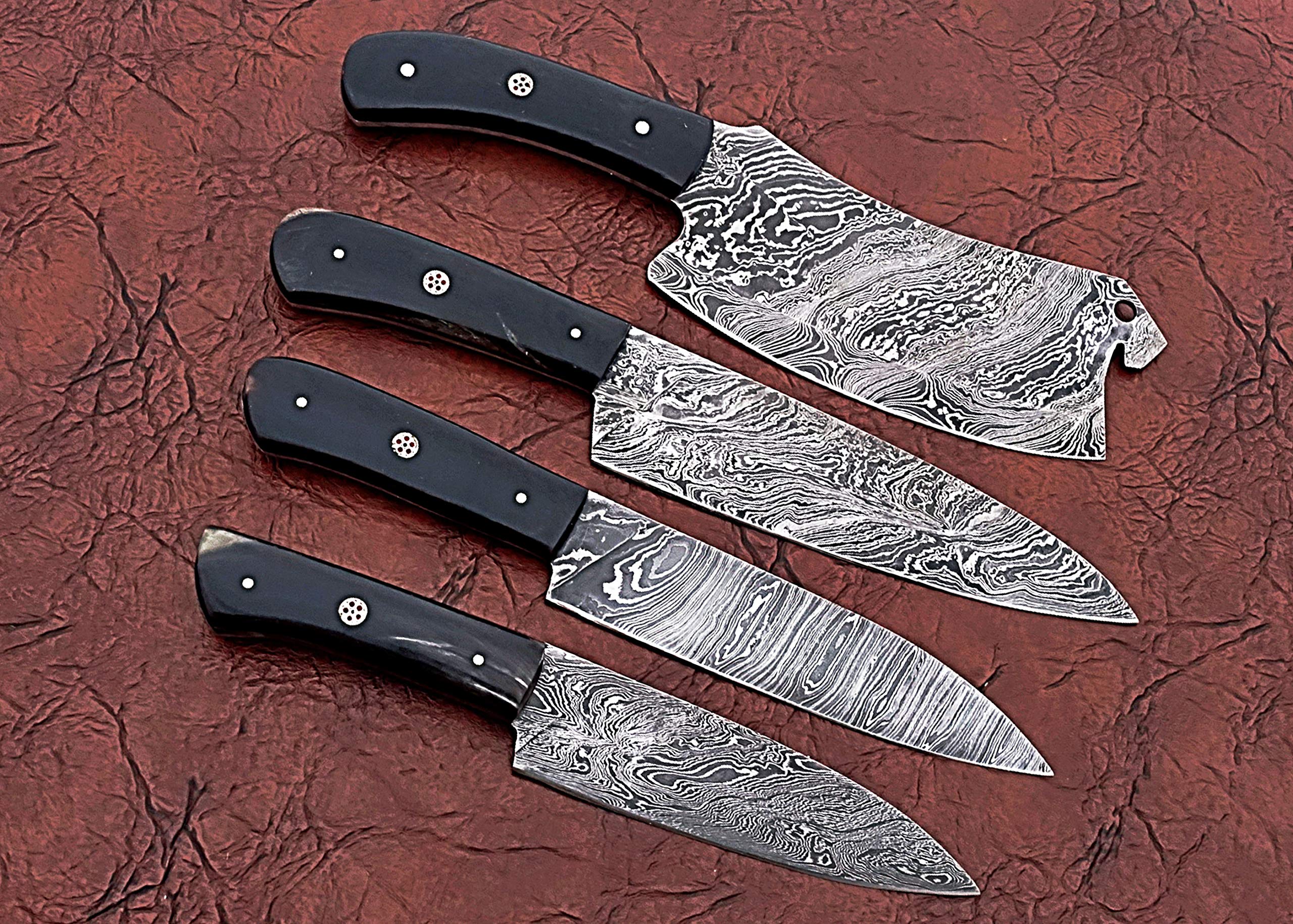 Premium 4-Piece Damascus Steel Chef Knife Set with Leather Roll Bag - Includes Chef, Slicing, Utility & Cleaver Knives - 45