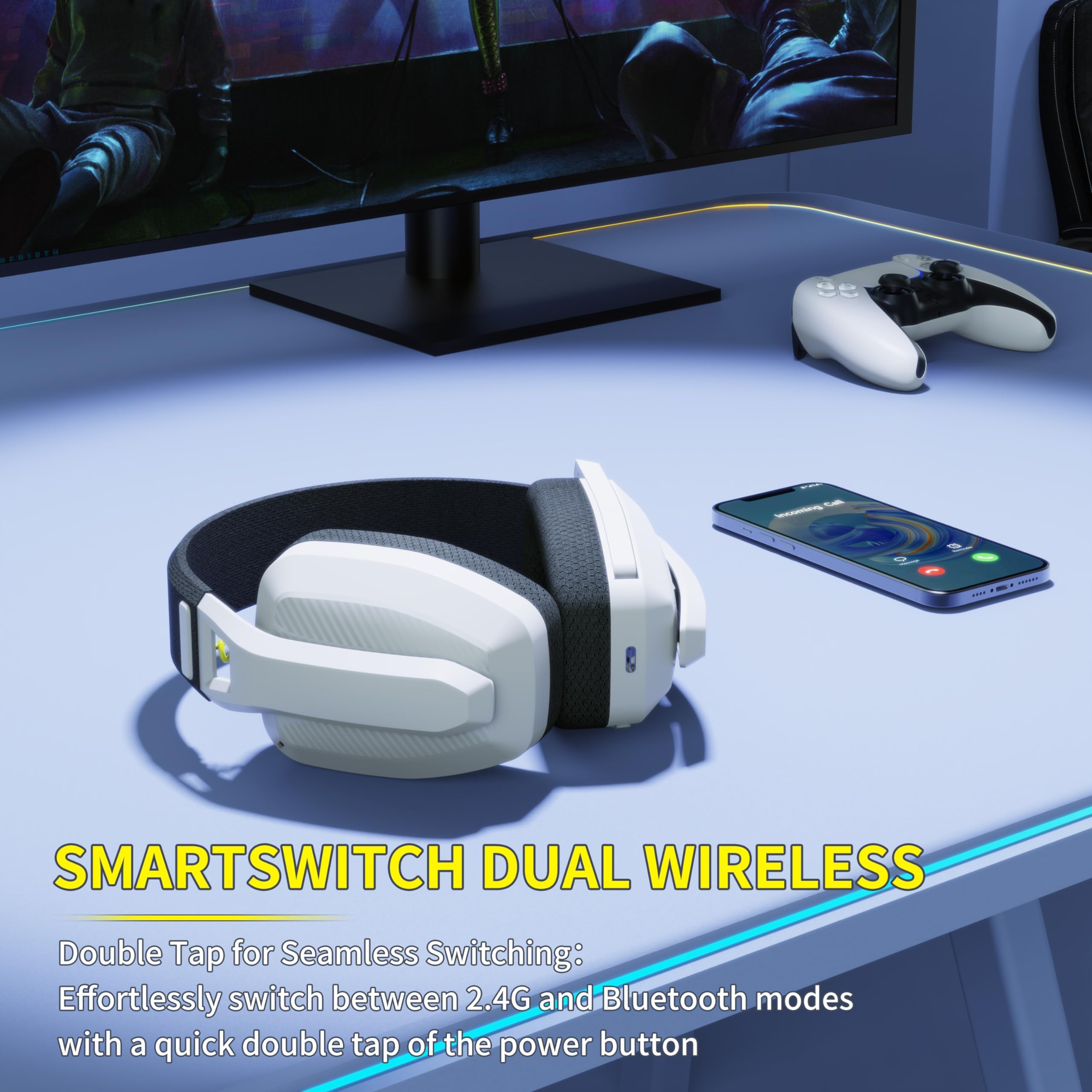 BINNUNE Wireless Gaming Headset with Mic for PC, PS4, PS5 - White/Gray for Online Gaming & Streaming