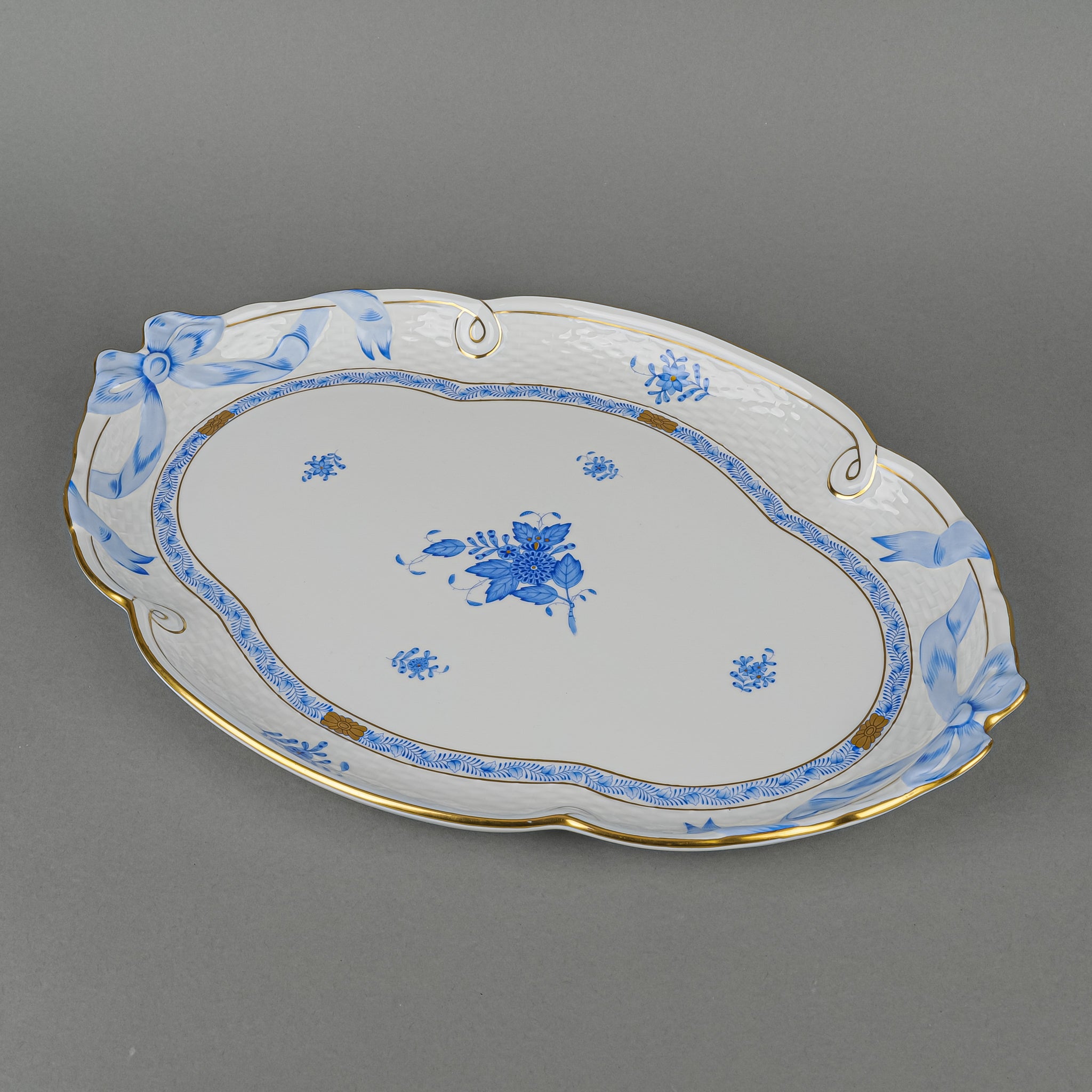 HEREND Chinese Bouquet Blue Ribbon Porcelain Tray - 400 Hand-Painted Floral Design Serving Tray for Afternoon Tea, Home Decor & Gift Giving
