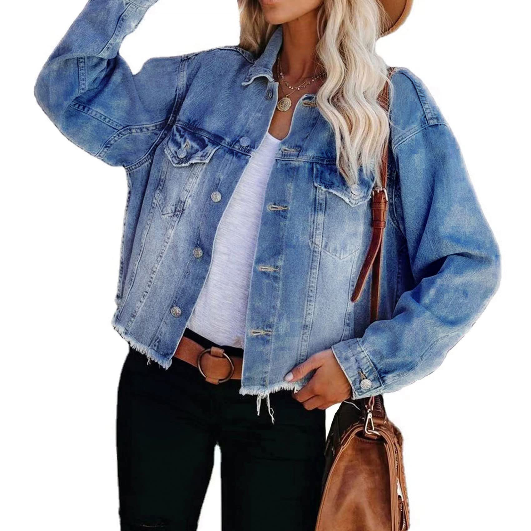 Distressed Washed Cropped Denim Jacket for Women - Long Sleeve Frayed Jean Coat with Pockets | Casual Outfit, Streetwear, Spring & Fall Fashion