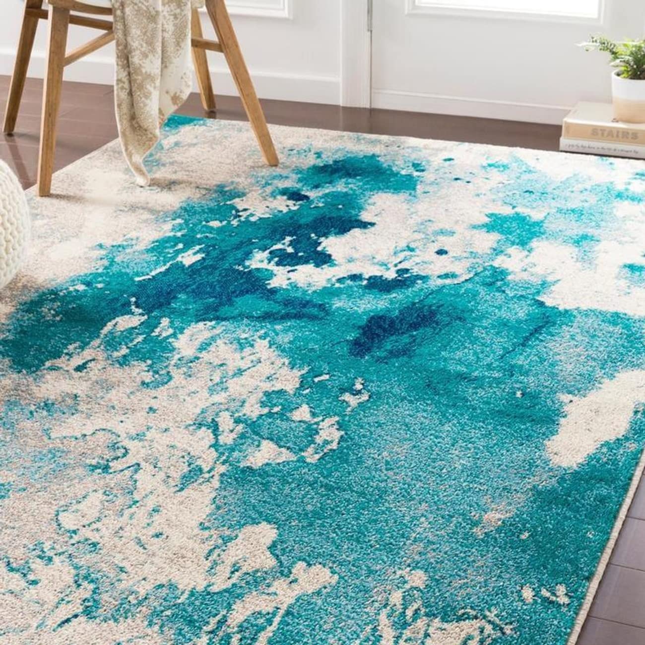 Mark&Day 5x7 Perpignan Modern Aqua Area Rug - Soft Blue & White Carpet for Living Room, Bedroom, Kitchen - Non-Slip 5'3