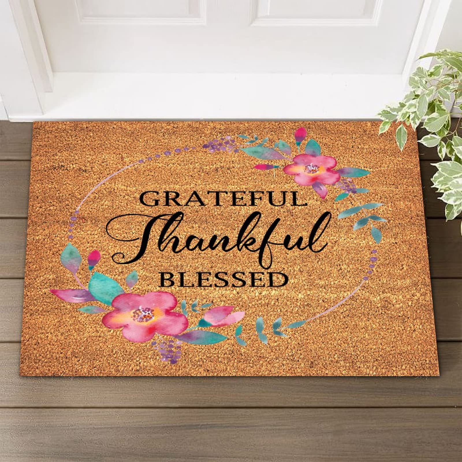 Natural Coir Welcome Doormat 16x24 Inch - Brown Flower Wreath Design, Easy Clean Front Porch Mat for Outdoor Entryway Decor - Perfect Housewarming Gift for Grateful & Blessed Homes (Ideal for Front Door, Patio, or Deck Use)
