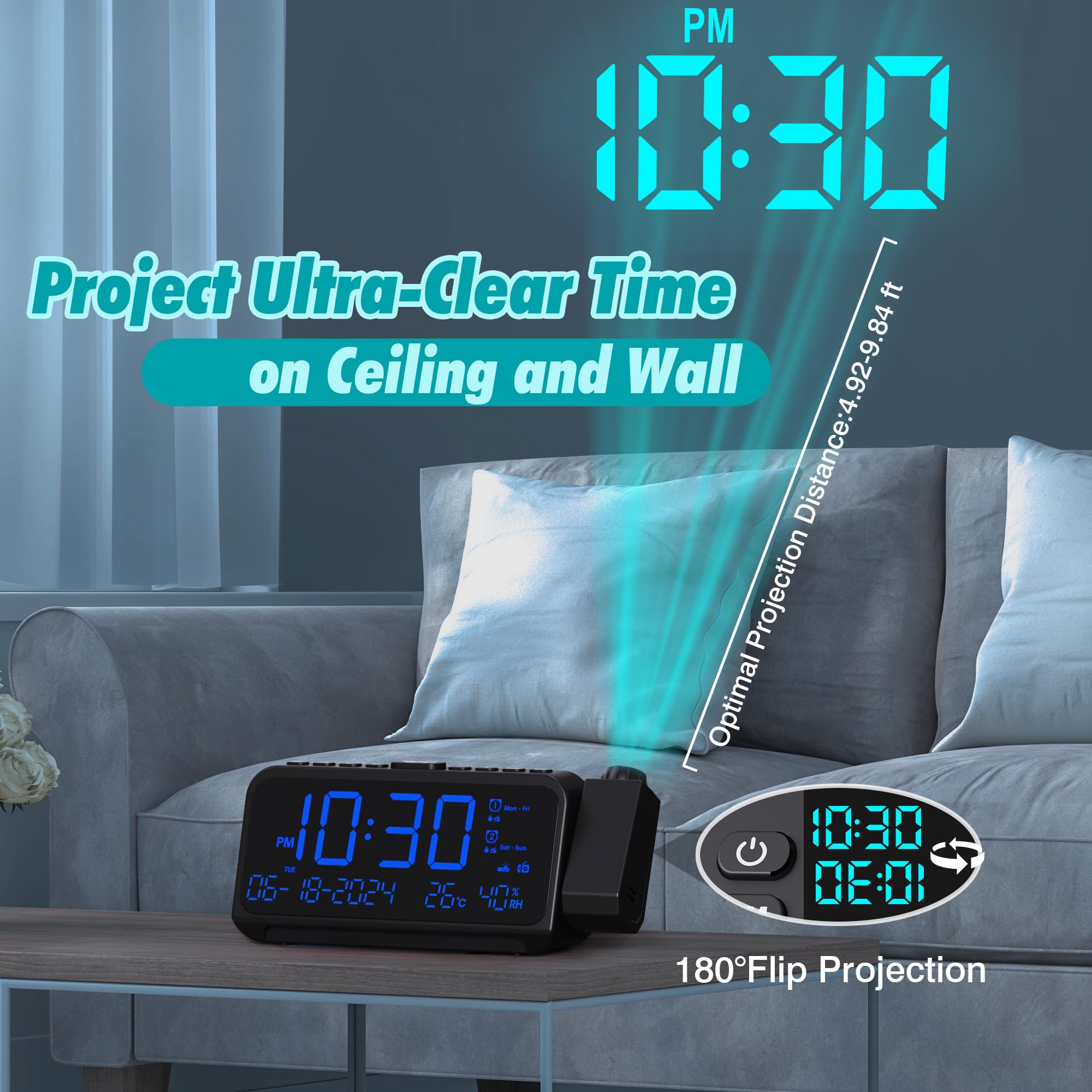 LED Projection Alarm Clock with FM Radio, Digital Clock with Dual Alarm, Adjustable Night Light, Temperature & Humidity Display, 5-Level Dimmer & USB-C Charging - Perfect for Bedroom, Office, and Travel Use