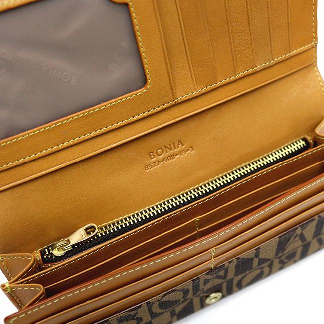Bonia Monogram Long 2 Fold Wallet for Men - Genuine Leather Brown Bifold Wallet - Perfect for Everyday Use & Business Travel