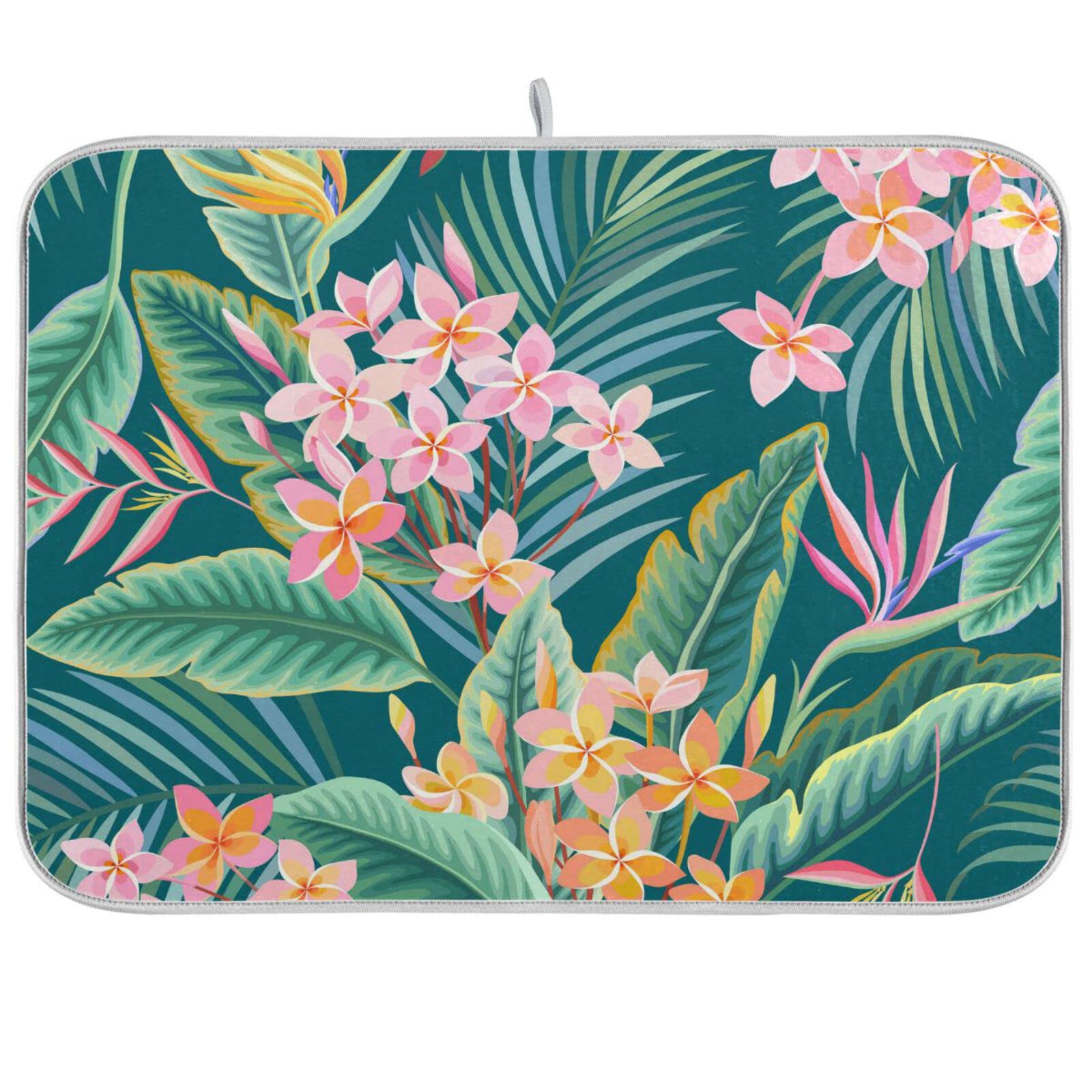 Premium Absorbent Dish Drying Mat - Tropical Leaves & Flowers Design, 18