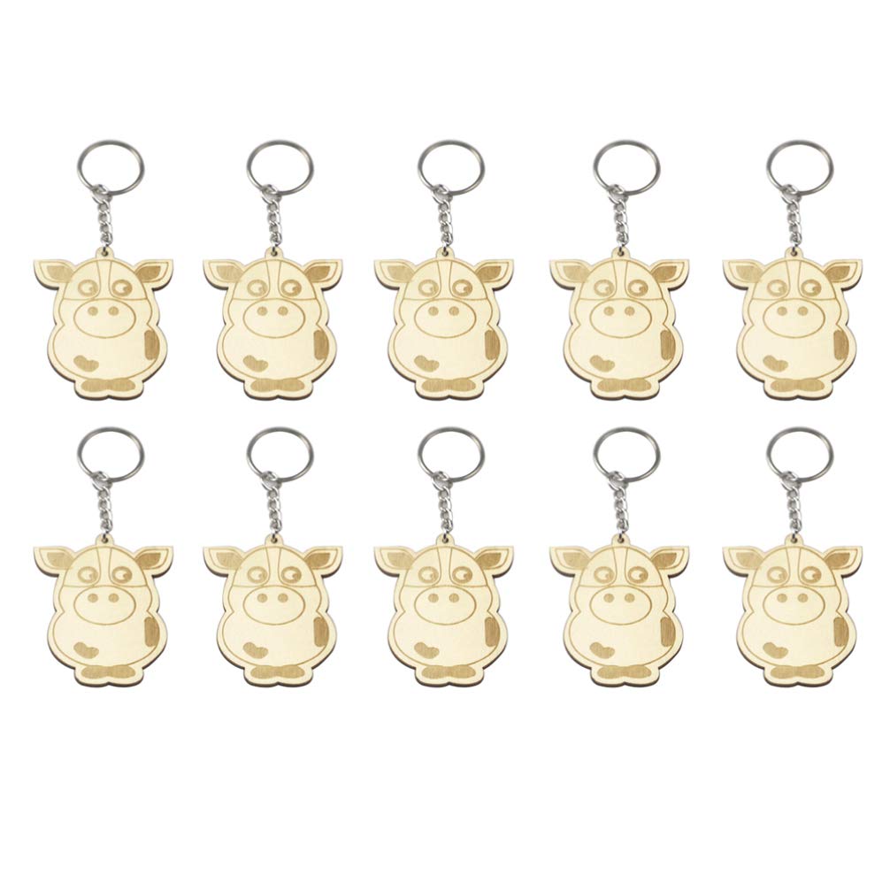 EXCEART 10pcs Wooden Keychain Set - Cartoon Cow Pattern Key Rings with Wood Pendants for Kids, Gifts & Home Decor (Perfect for Key Organization, Party Favors, and Handmade Crafts)