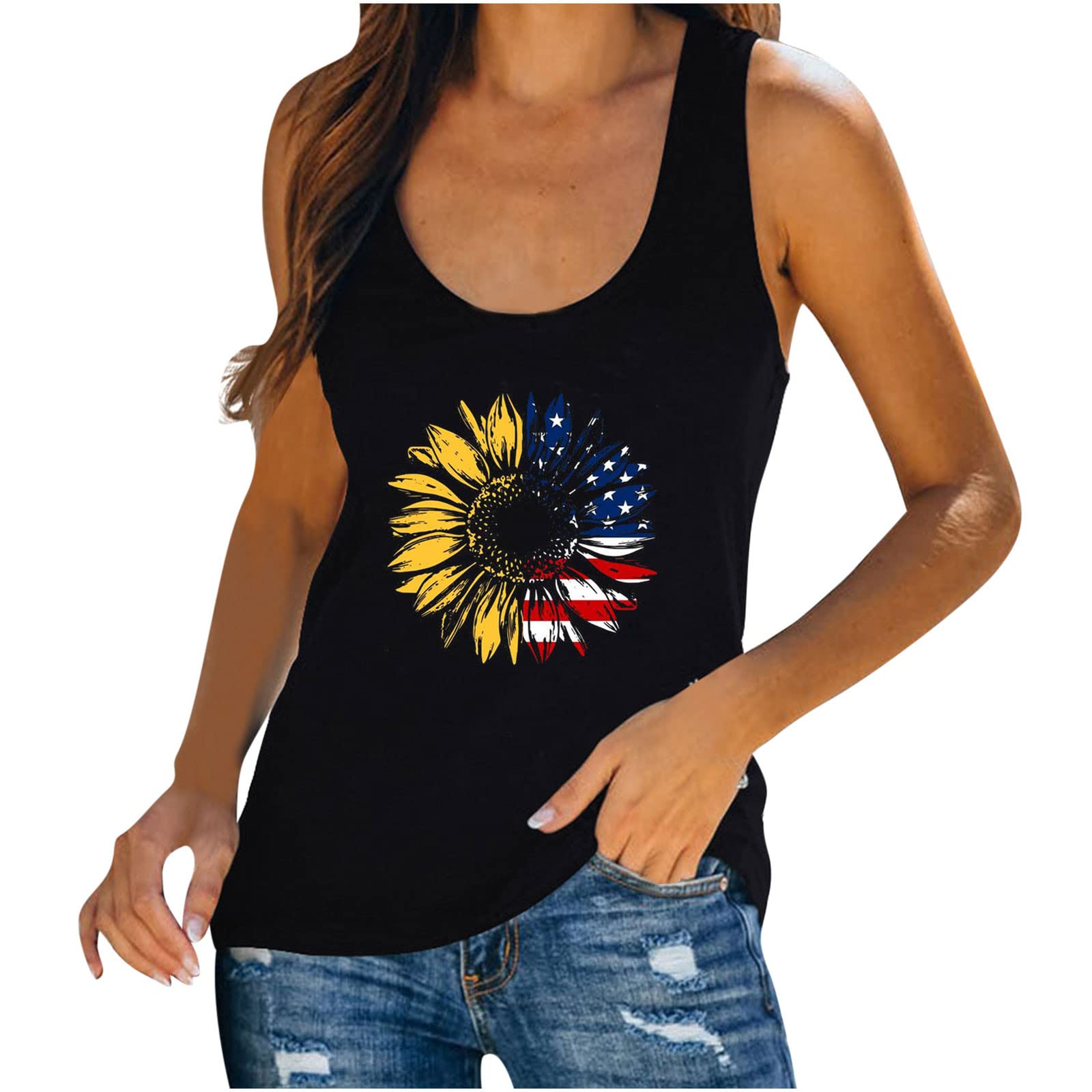 Women's USA Flag & Sunflower Print Tank Top - Summer 4th of July Casual Loose Fit Crewneck Sleeveless Shirt for Beach, BBQ & Patriotic Events