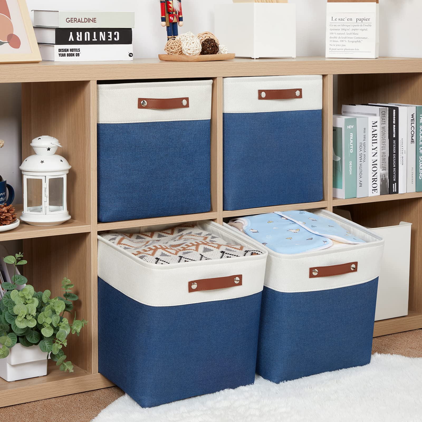 HNZIGE 13 Inch Fabric Cube Storage Baskets with Handles - Organizer Bins for Clothes, Toys, Closet & Nursery - Foldable Shelving Storage Solution for Home, Office & Kids Room (Blue & White)