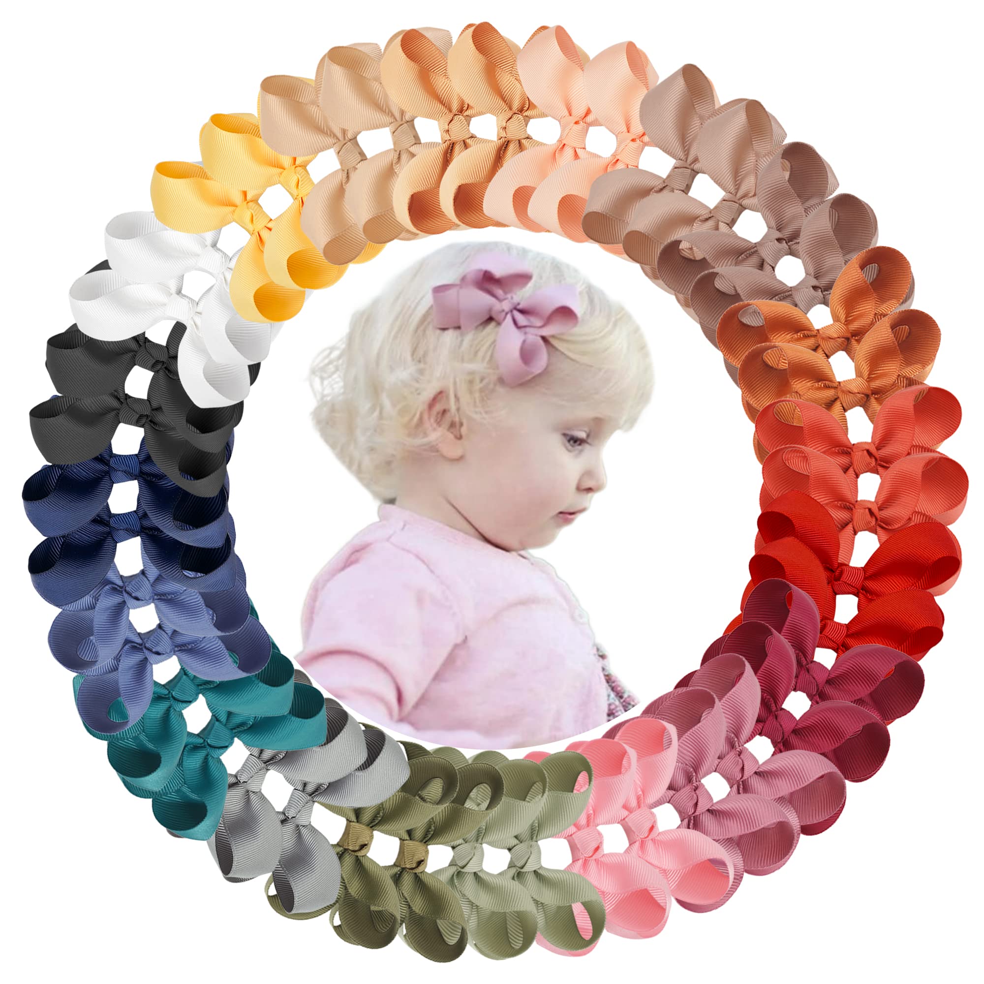 JOYOYO 40 Pcs Hair Bows for Toddlers Girls - Hair Clips & Ribbon Bows for Kids (3 Inch) - Perfect for Parties & School