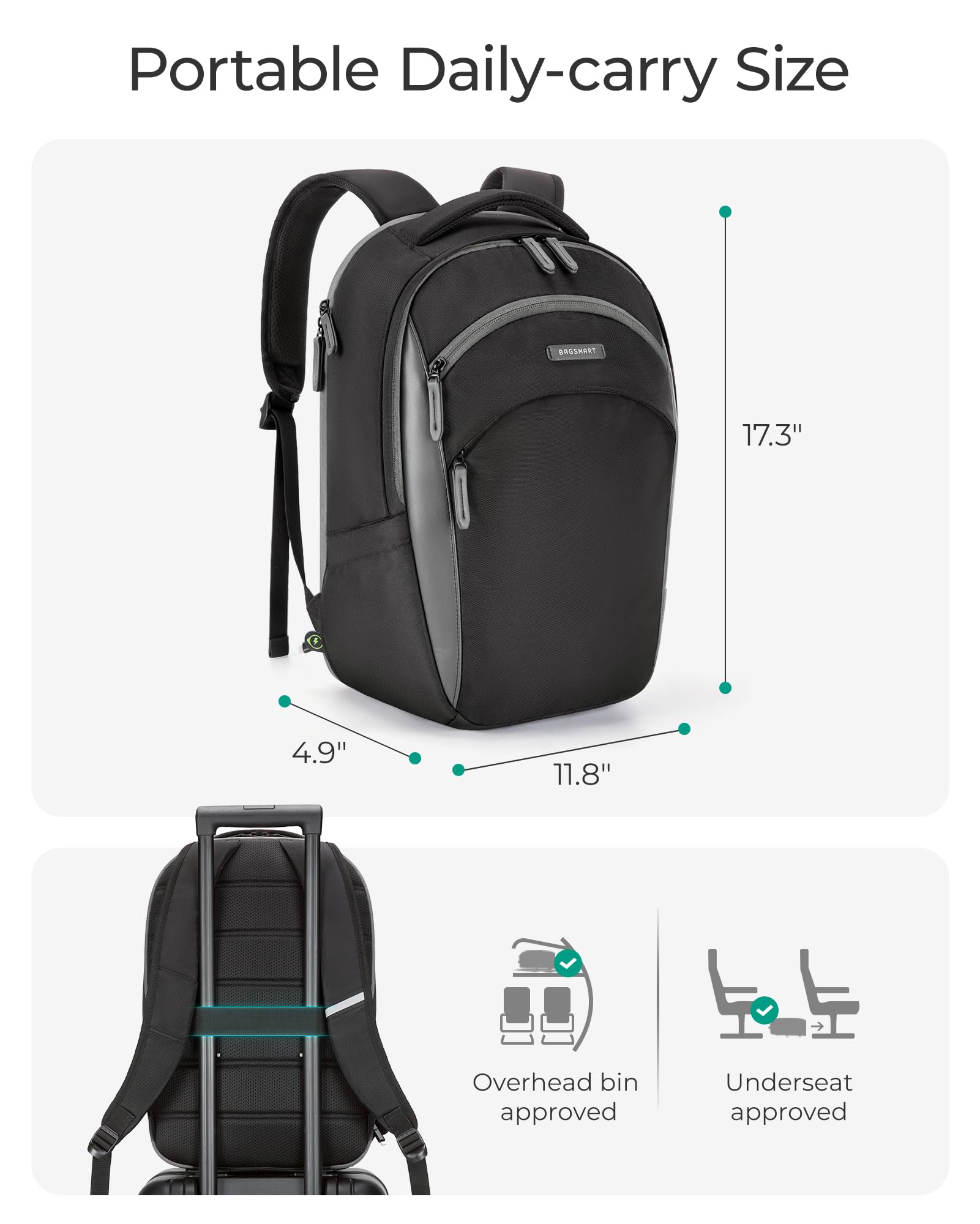 BAGSMART 15.6 Inch Laptop Backpack for Men - Waterproof Business Backpack with USB Charging Port & Retractable Cable - Durable College Computer Backpack for Work, Travel & School (Black)