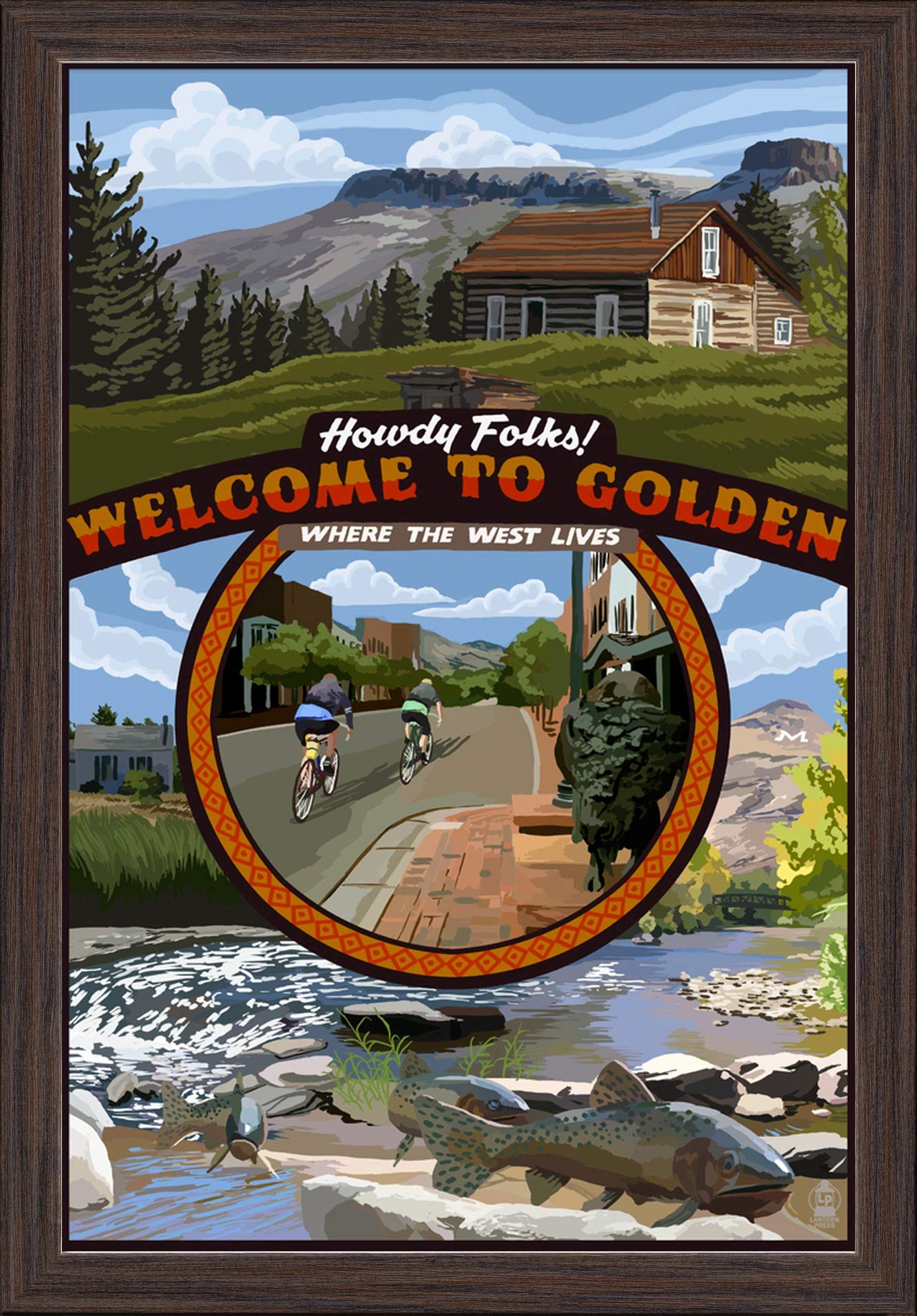 Golden Colorado Town Scenes - 16x24 Inch Giclee Fine Art Print with Recycled Wood Frame in Espresso Brown - Perfect for Living Room, Office & Home Decor