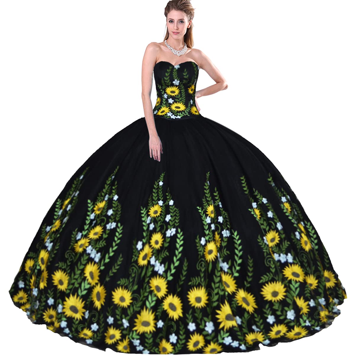 Elegant Floral Embroidery Sunflower Sweetheart Quinceanera Dress - Floor Length Charra Black for Prom, Wedding, and Special Occasions