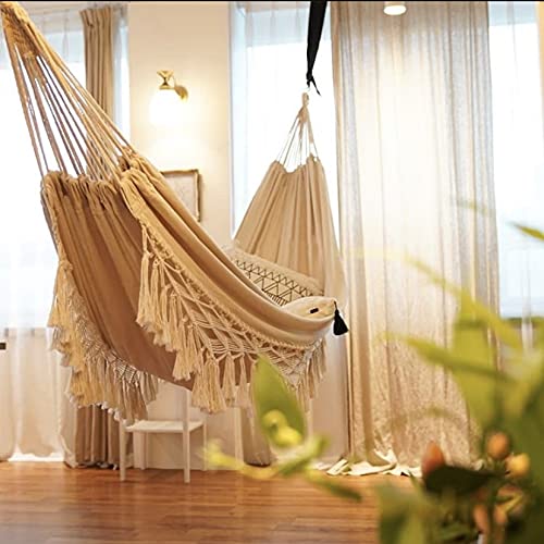 Double Hammock for 2 Person - 200KG Capacity Cotton Macrame Boho Hammock with Handmade Tassels & Fringe - Outdoor Garden, Balcony, Beach & Patio Hammock Bed - Perfect for Relaxing in Backyard, Camping or Vacation