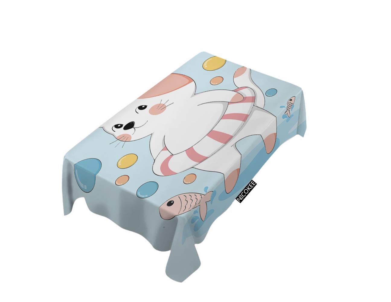 Cute Cat with Life Buoy Fishing Tablecloth - Waterproof Rectangle Kitchen Dining Table Cover for Parties, End Tables - Perfect for Seafood Dinners & Beach-Themed Decor