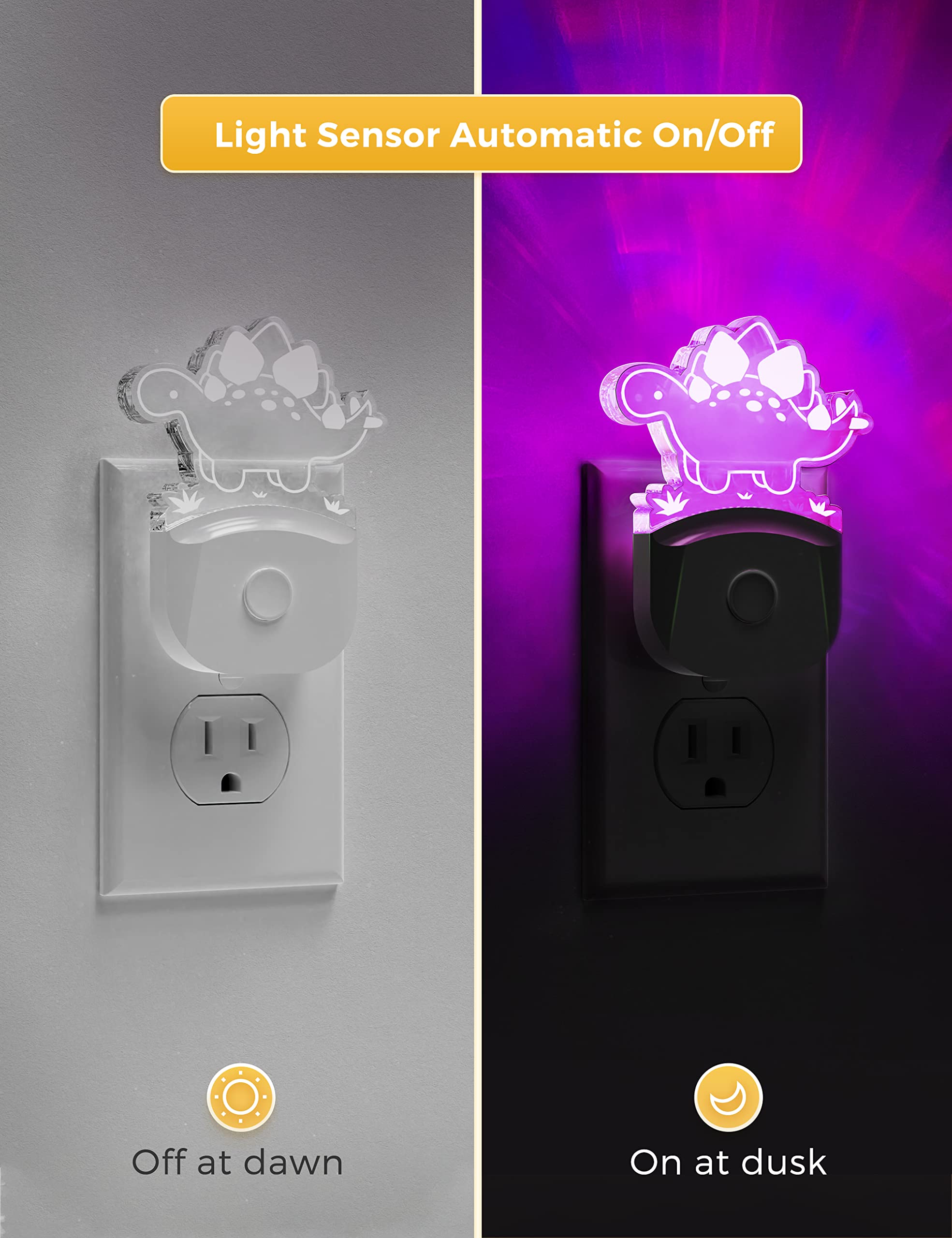 Dinosaur Night Light for Kids - Stegosaurus LED Plug-in Nightlight with RGB & Soft White 3000K, 3 Lighting Modes, Auto Dusk-to-Dawn Sensor | Perfect for Nursery, Bedroom Decor & Kids' Room Night Light | Creates Soothing Ambiance for Sleep Time and Bedtime Stories