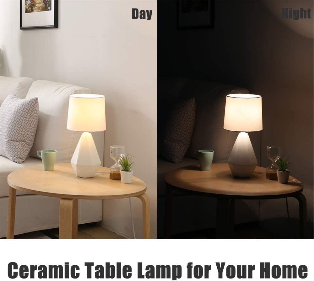 Modern White Ceramic Table Lamp - Irregular Geometric Bedside Nightstand Lamp with Fabric Shade for Bedroom, Living Room & Kitchen | Perfect for Reading, Decor & Ambient Lighting