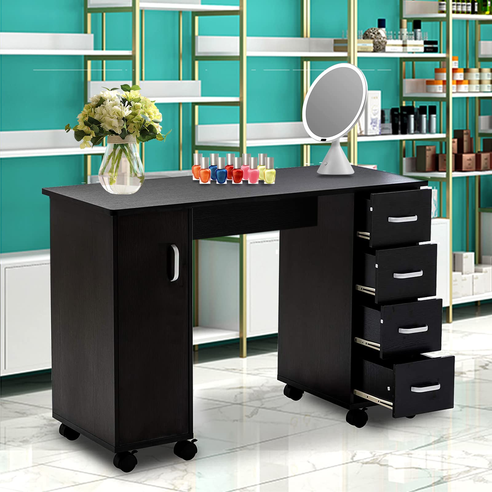 Professional SSLine Manicure Nail Table Station with Wheels - Portable Nail Salon Desk with 4 Drawers & Cabinet - Black Beauty Spa Workstation for Nail Art & Pedicure - Perfect for Home Salons, Spas & Professional Nail Technicians