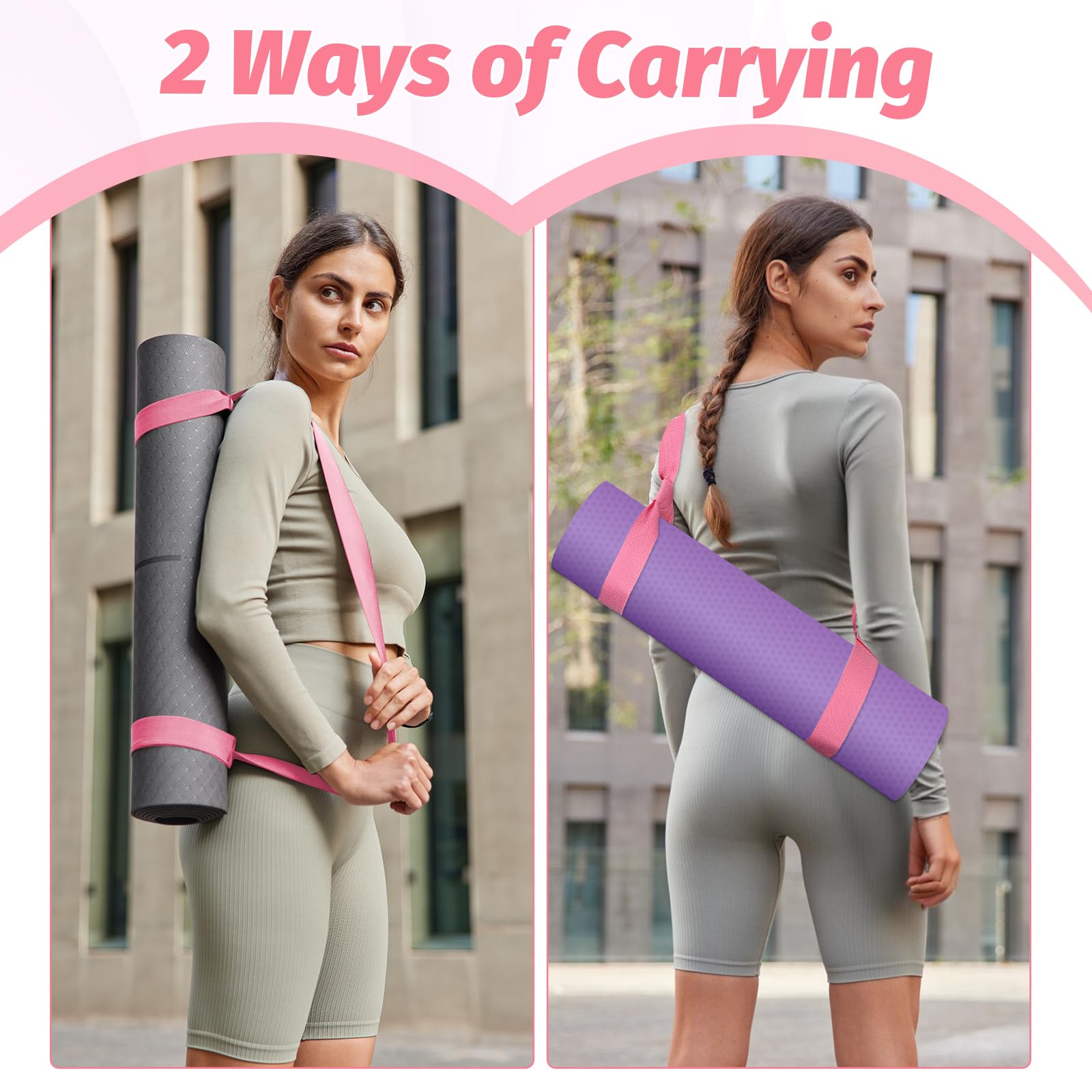 Grevosea Adjustable Yoga Mat Strap - Wide & Durable Yoga Mat Carrier with Hook & Loop Closure for All Mat Sizes - Comfortable Pink Yoga Accessory for Gym, Travel & Outdoor Yoga Practice - Mat Not Included