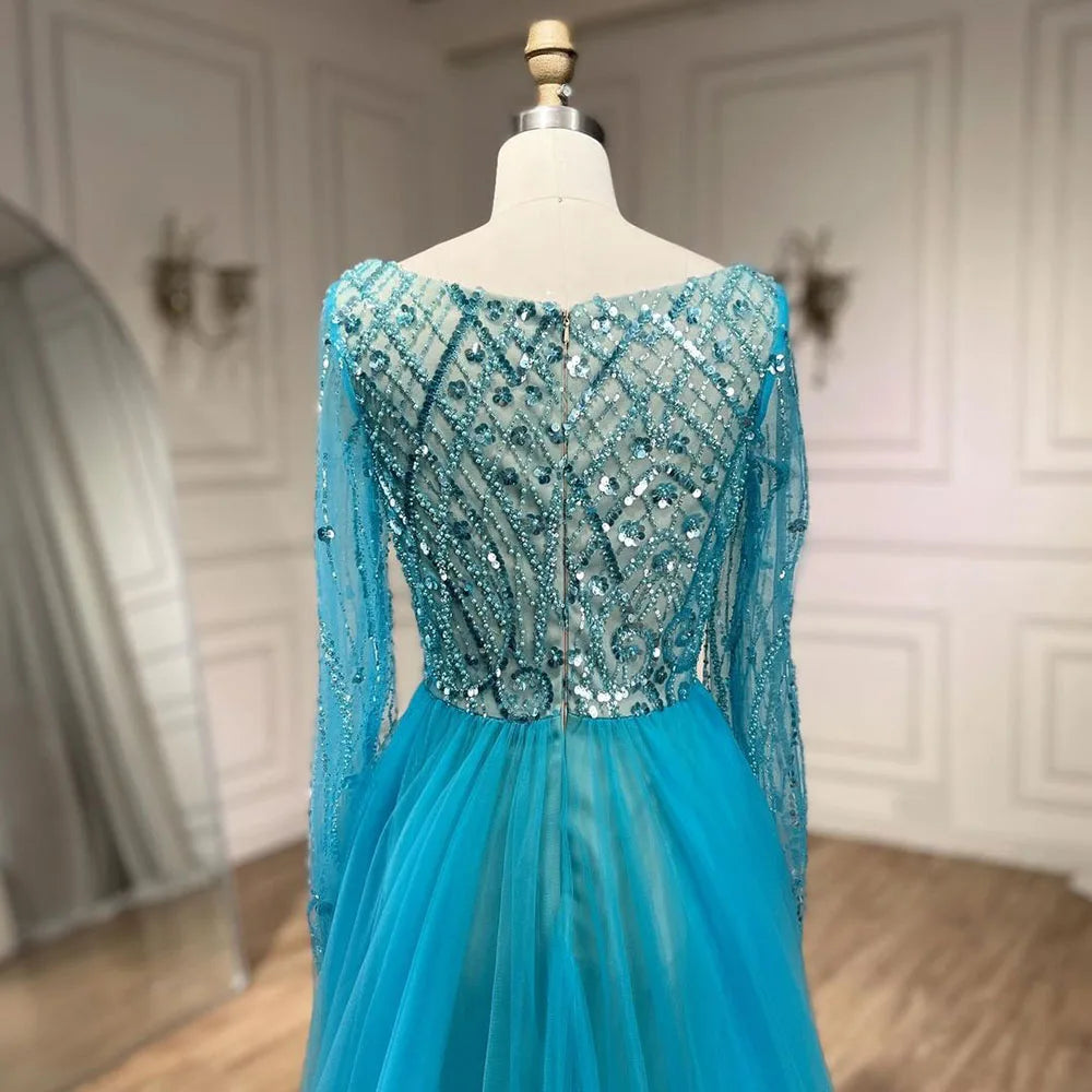 Elegant Blue Muslim Mermaid Evening Dress with Beaded Overskirt for Women - Wedding, Party & Special Occasion Gowns 2025 | LA72409 | Perfect for Bridal Showers, Galas & Formal Events