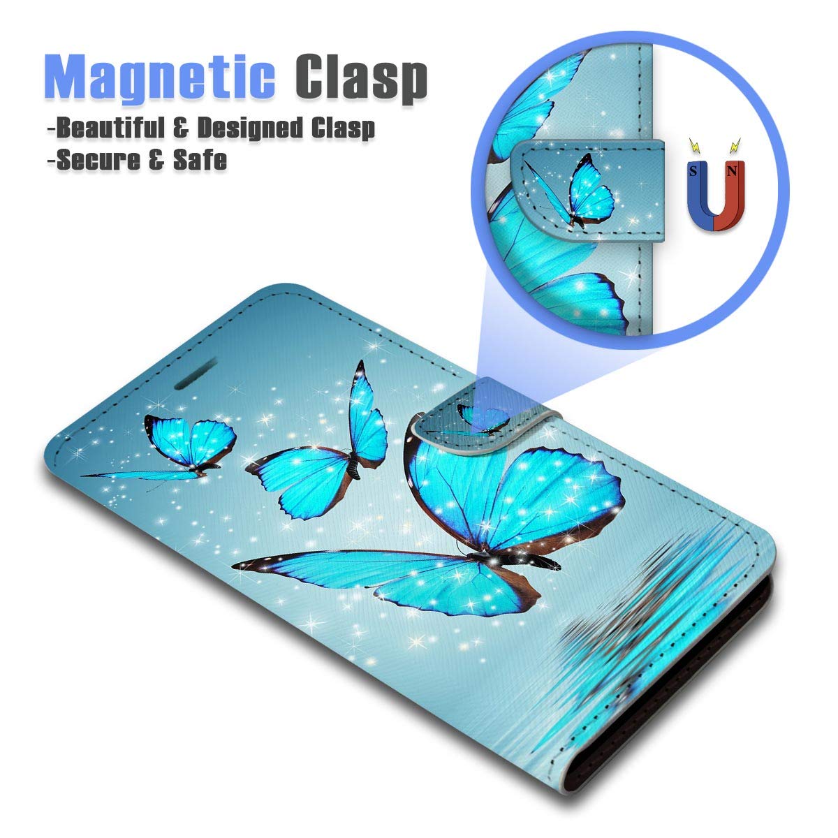 A21669 Blue Butterfly Flip Wallet Phone Case for iPhone 8/7/SE (2020) - Slim Protective Cover with Card Slots | Perfect for Everyday Use, Travel & Business Meetings