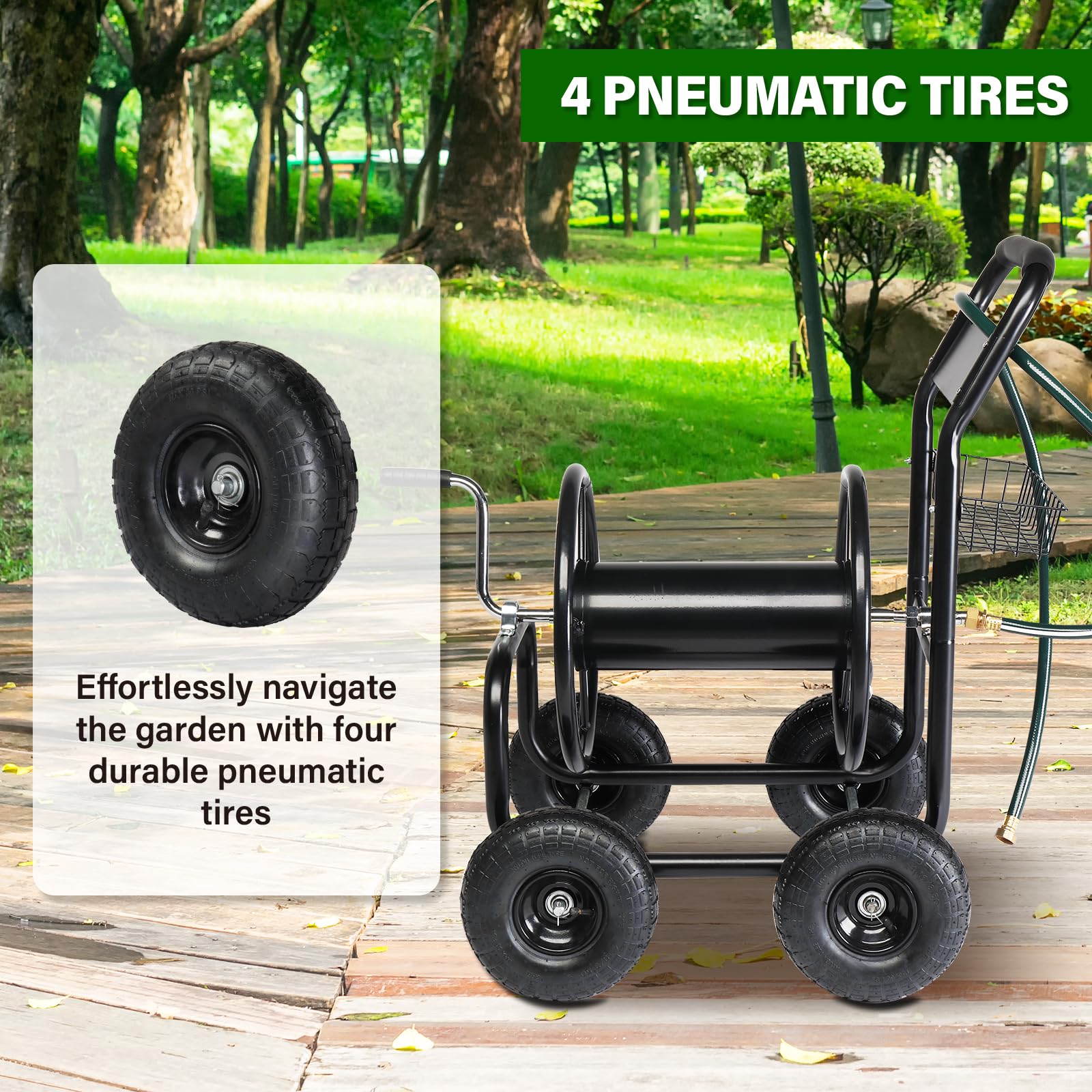 VINGLI 4-Wheel Heavy Duty Garden Hose Reel Cart with Storage Basket - Portable Outdoor Water Hose Holder for Lawn, Backyard, Farm & Yard Irrigation - Perfect for Watering Plants, Washing Cars & Outdoor Cleaning