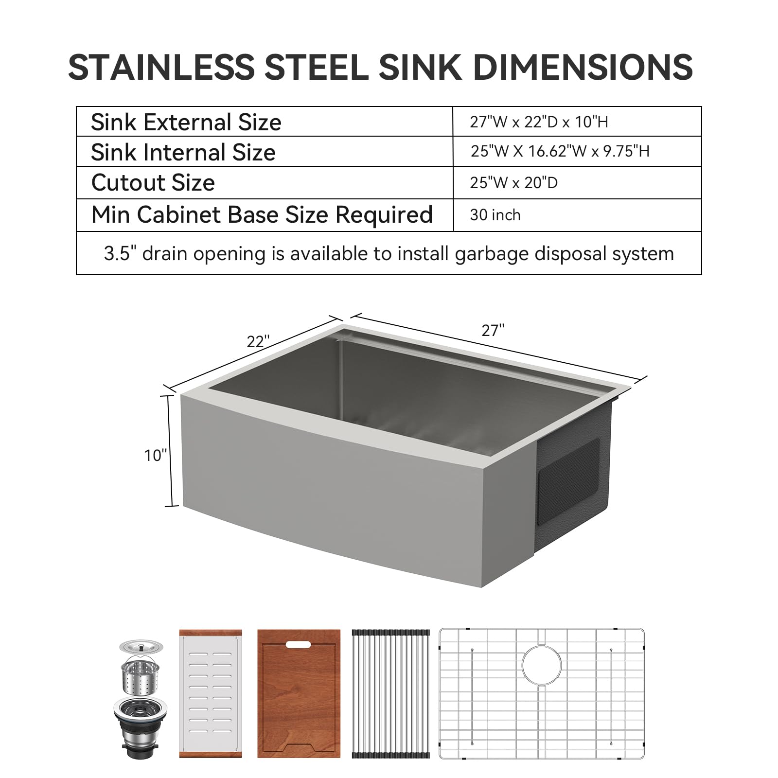 Lordear 27 Inch Stainless Steel Farmhouse Kitchen Sink - 16 Gauge Apron Front Single Bowl with Ledge Workstation | Perfect for Rustic & Modern Kitchens, Heavy-Duty Cooking & Entertaining