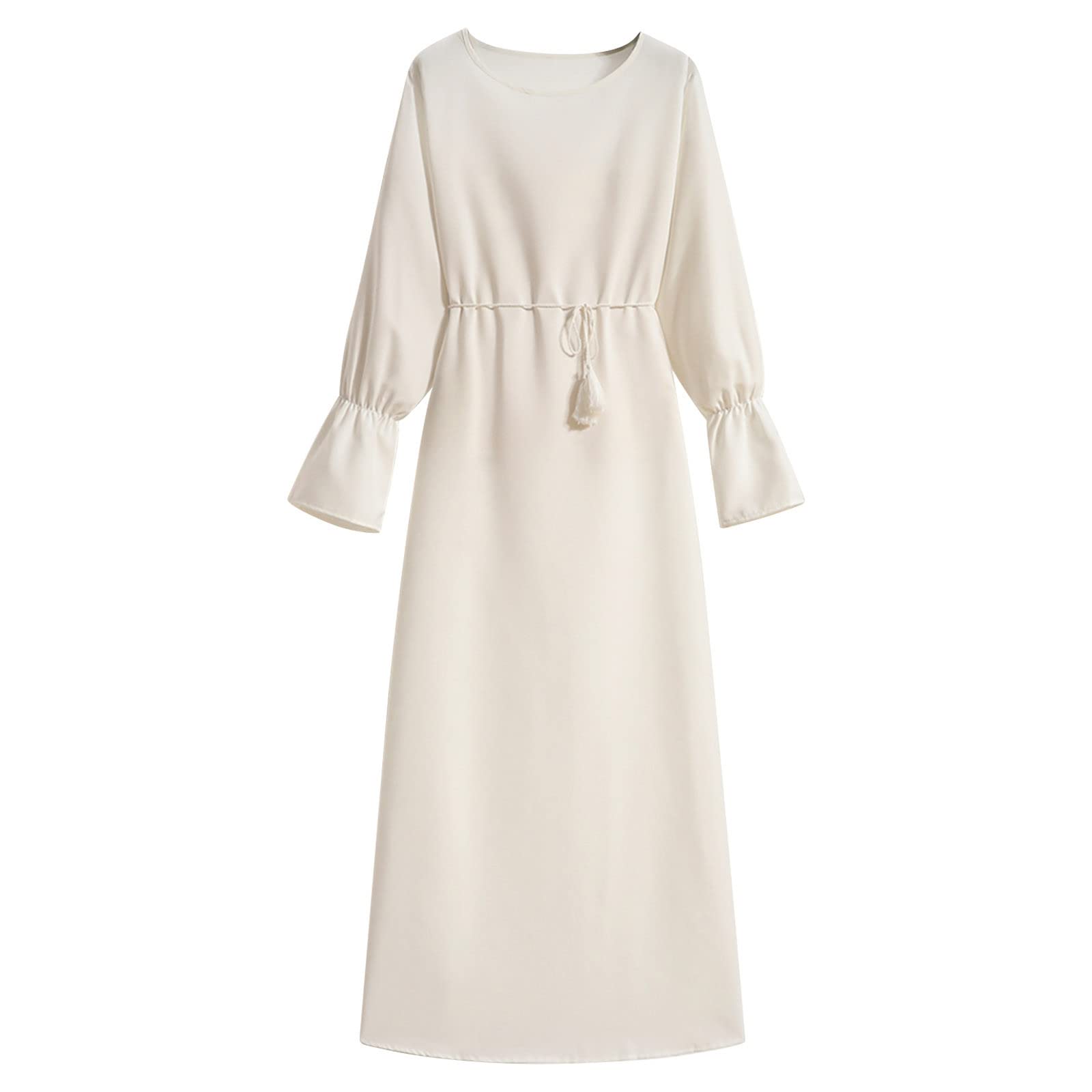 Women's Autumn Chiffon Dress - Long Sleeve Crewneck Solid Color Belted Dress for Fall 2023 | Elegant Office Wear, Date Night Outfit & Casual Party Dress