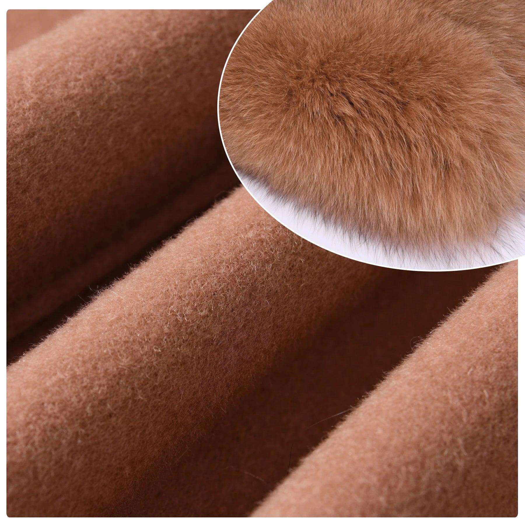 Luxury Women's Cashmere Wool Coat with Real Fur Collar - Winter Cropped Jacket, Full Sleeves & Pockets - Streetwear Outerwear for Cold Weather & Fashion Outings
