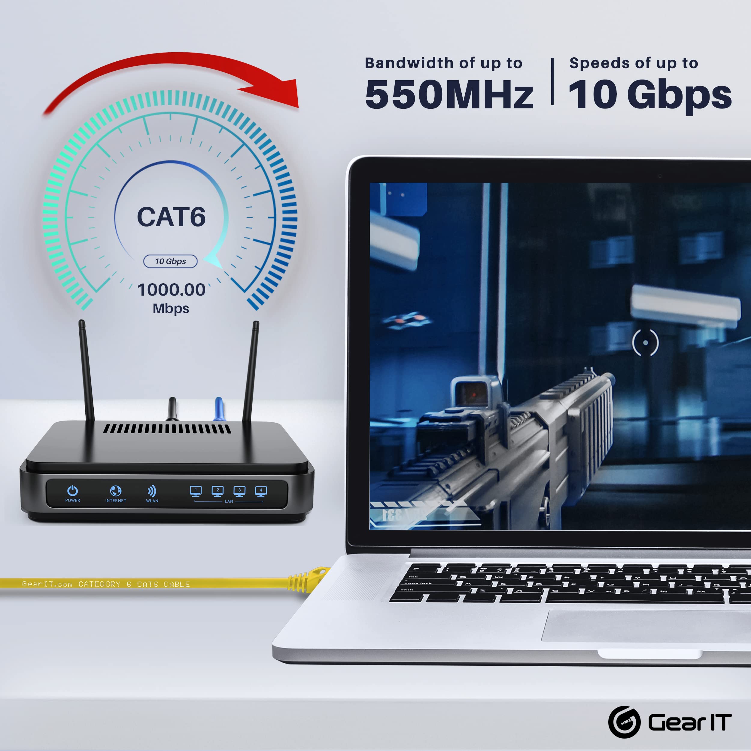 GearIT 2 ft Cat6 Ethernet Cable - Yellow, High-Speed Network Patch Cord, RJ45 Internet Cable for Gaming, Streaming & Home Office Use