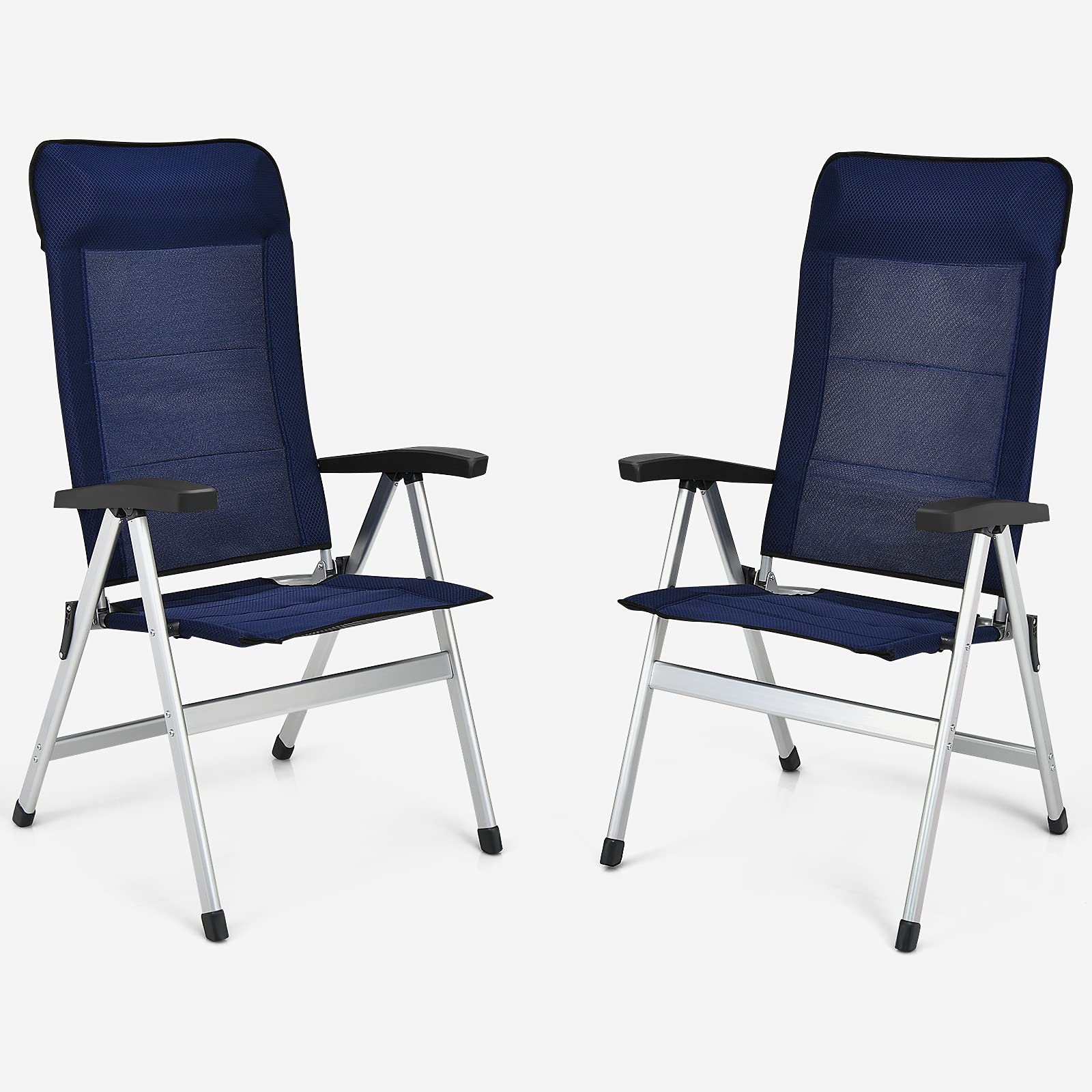 Giantex Set of 2 Folding Outdoor Patio Chairs - Adjustable High Back Recliner with Headrest & Armrests, 7-Level Camping Lawn Chairs for Porch, Balcony, Backyard & Beach - Durable & Comfortable Blue Furniture