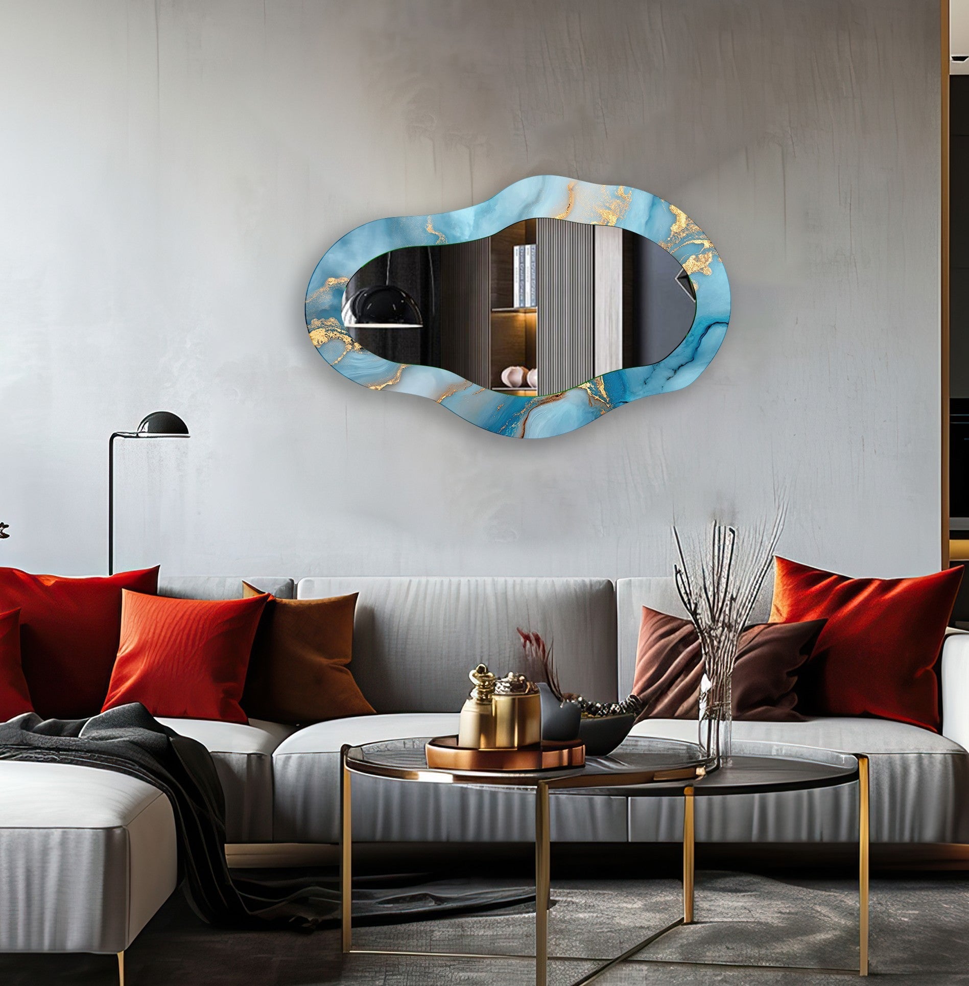 Abstract Blue Asymmetrical Wall Mirror - Modern Decorative Mirror for Living Room, Bedroom, or Entryway - Unique Home Decor Accent Piece